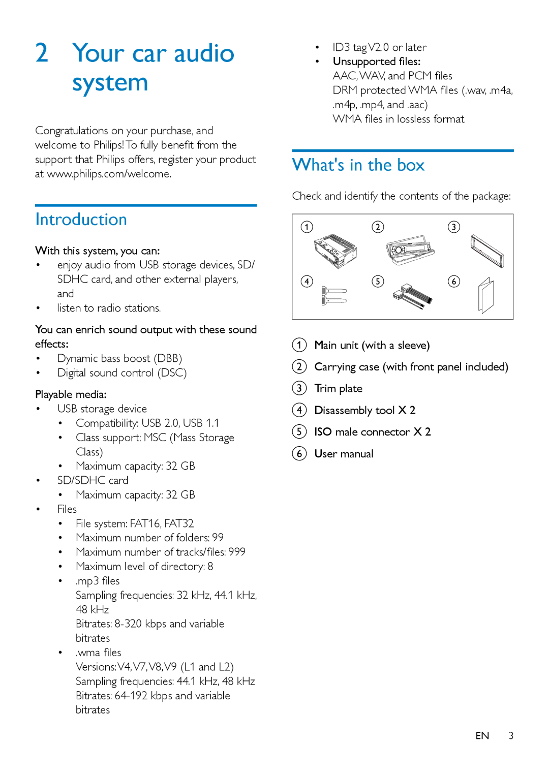 Philips CE132 user manual Your car audio system, Introduction, Whats in the box 