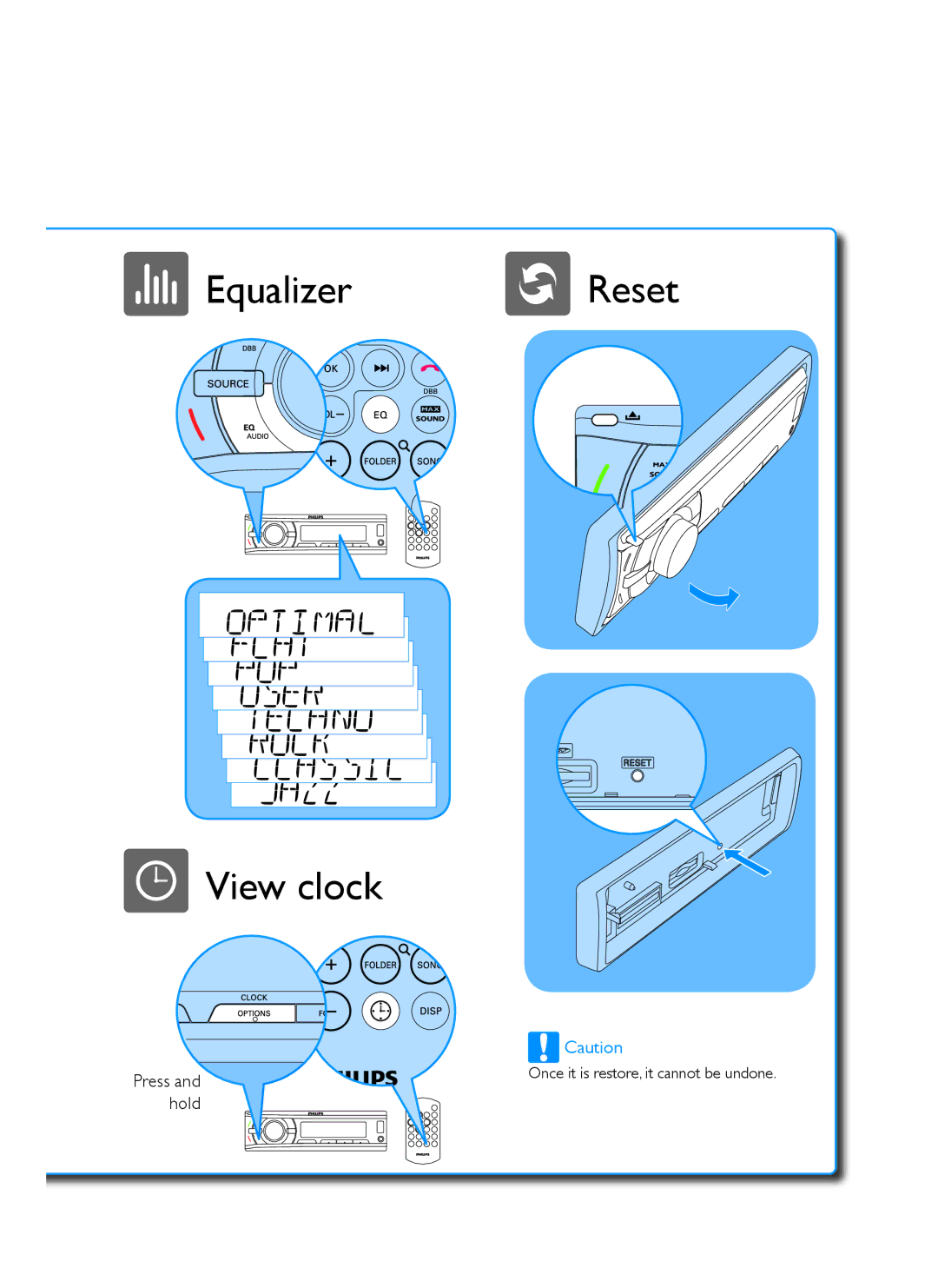 Philips CE150 user manual Equalizer Reset View clock 