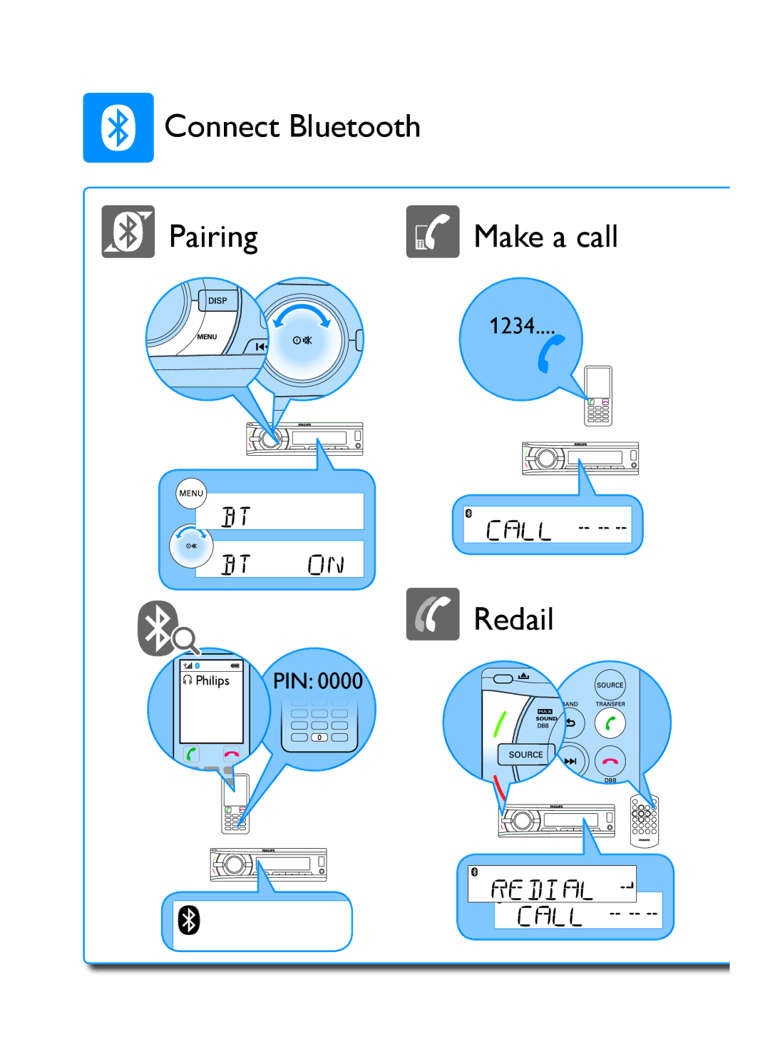 Philips CE150 user manual Connect Bluetooth Pairing Make a call 