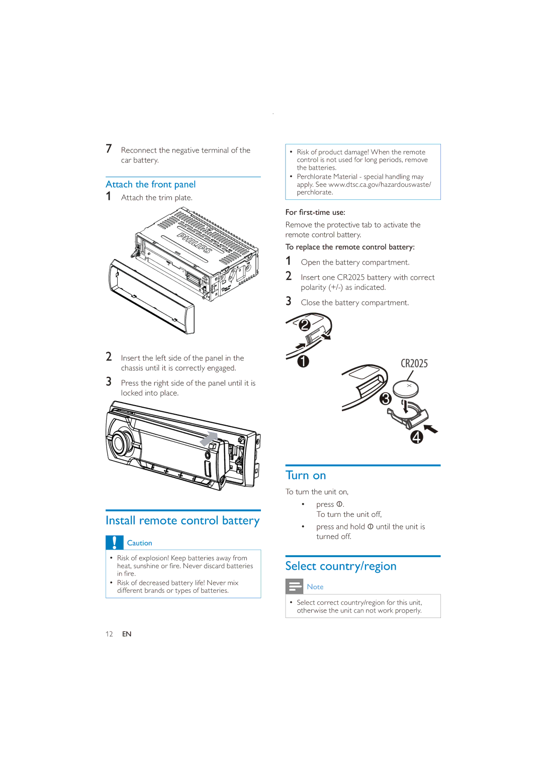 Philips CE151 user manual Install remote control battery, Turn on, Select country/region, Attach the front panel 