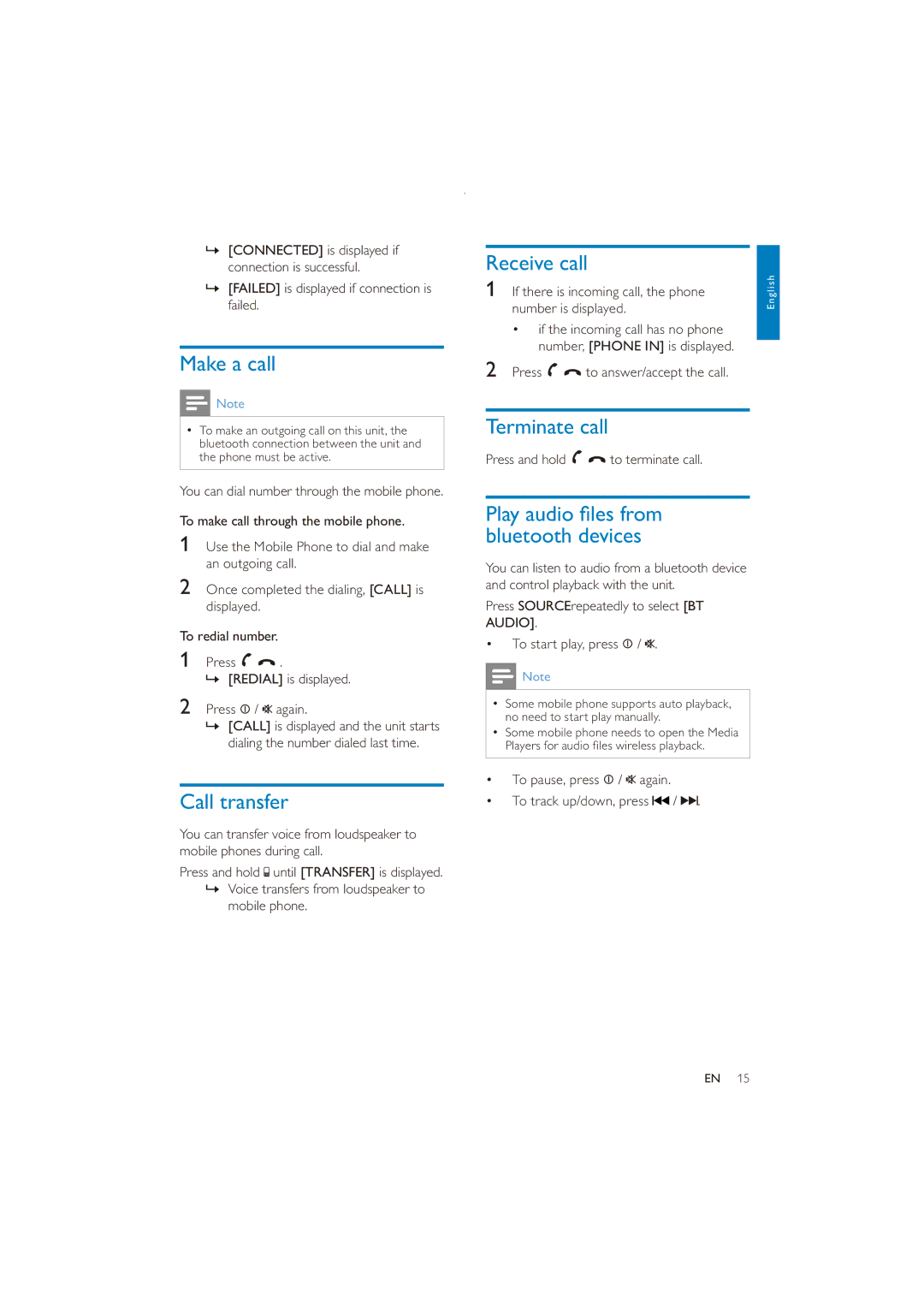 Philips CE151 user manual Make a call, Call transfer, Receive call, Terminate call, Bluetooth devices 