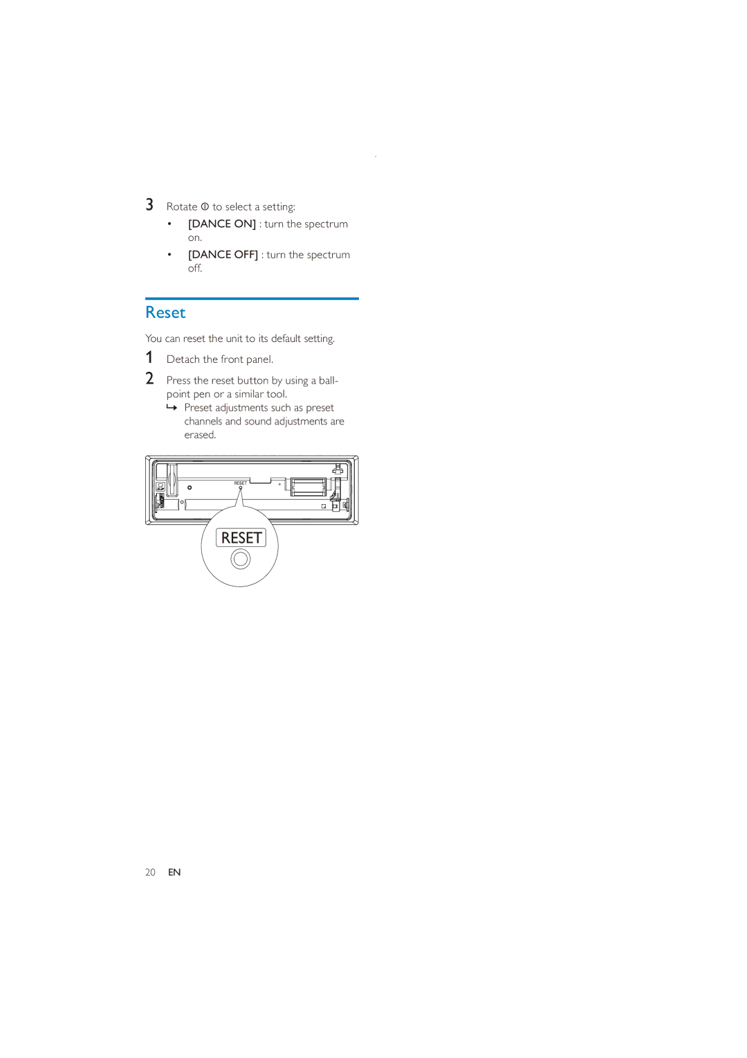 Philips CE151 user manual Reset 