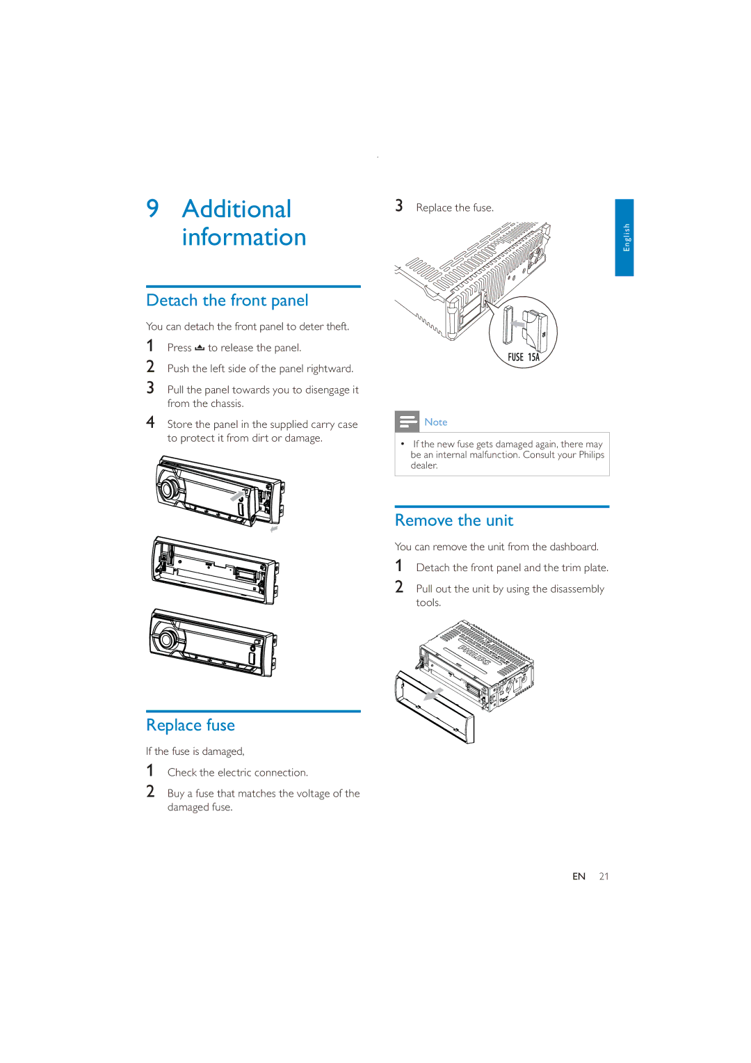 Philips CE151 user manual Additional information, Detach the front panel, Replace fuse, Remove the unit 