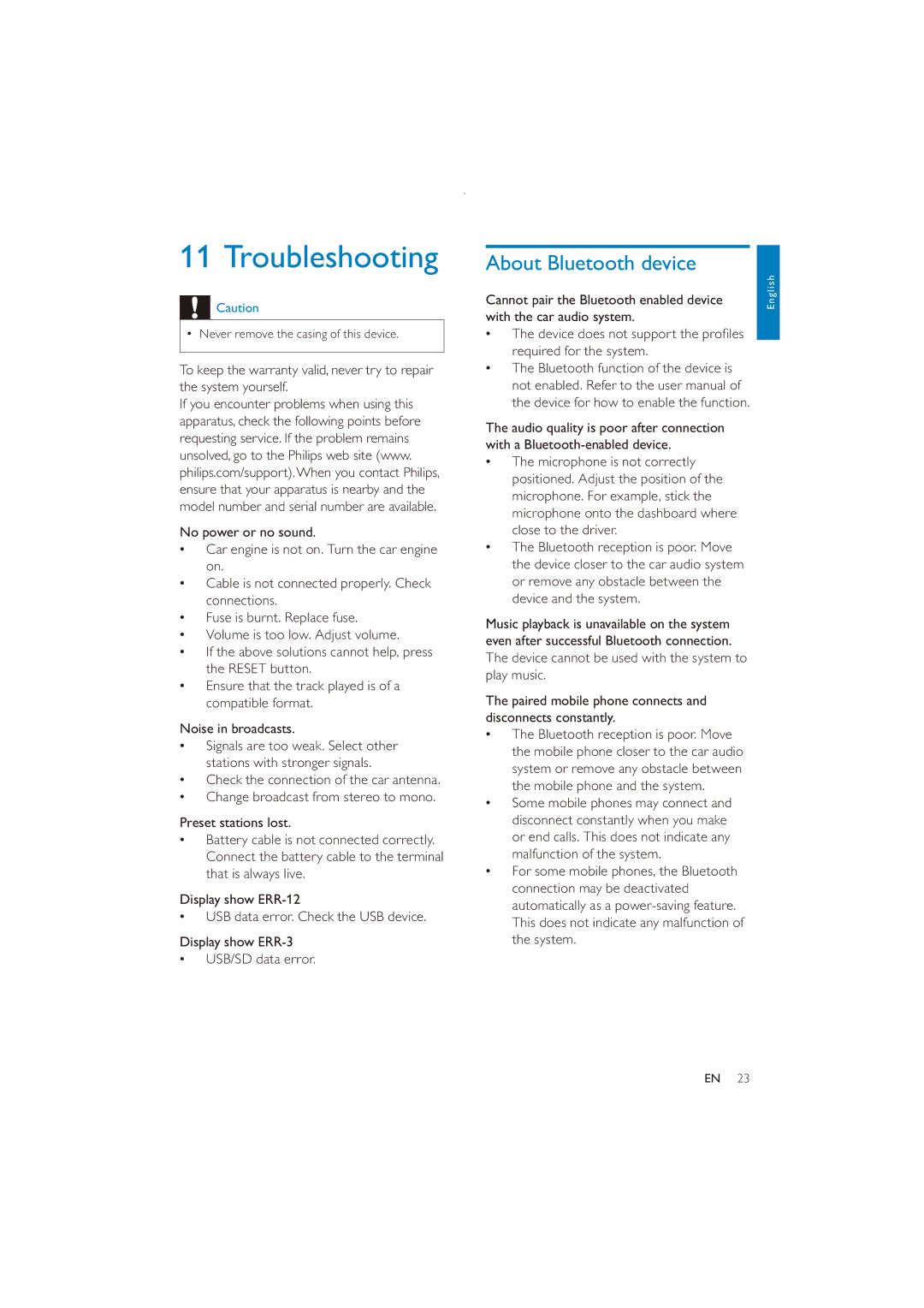 Philips CE151 user manual Troubleshooting, About Bluetooth device, Microphone onto the dashboard where close to the driver 