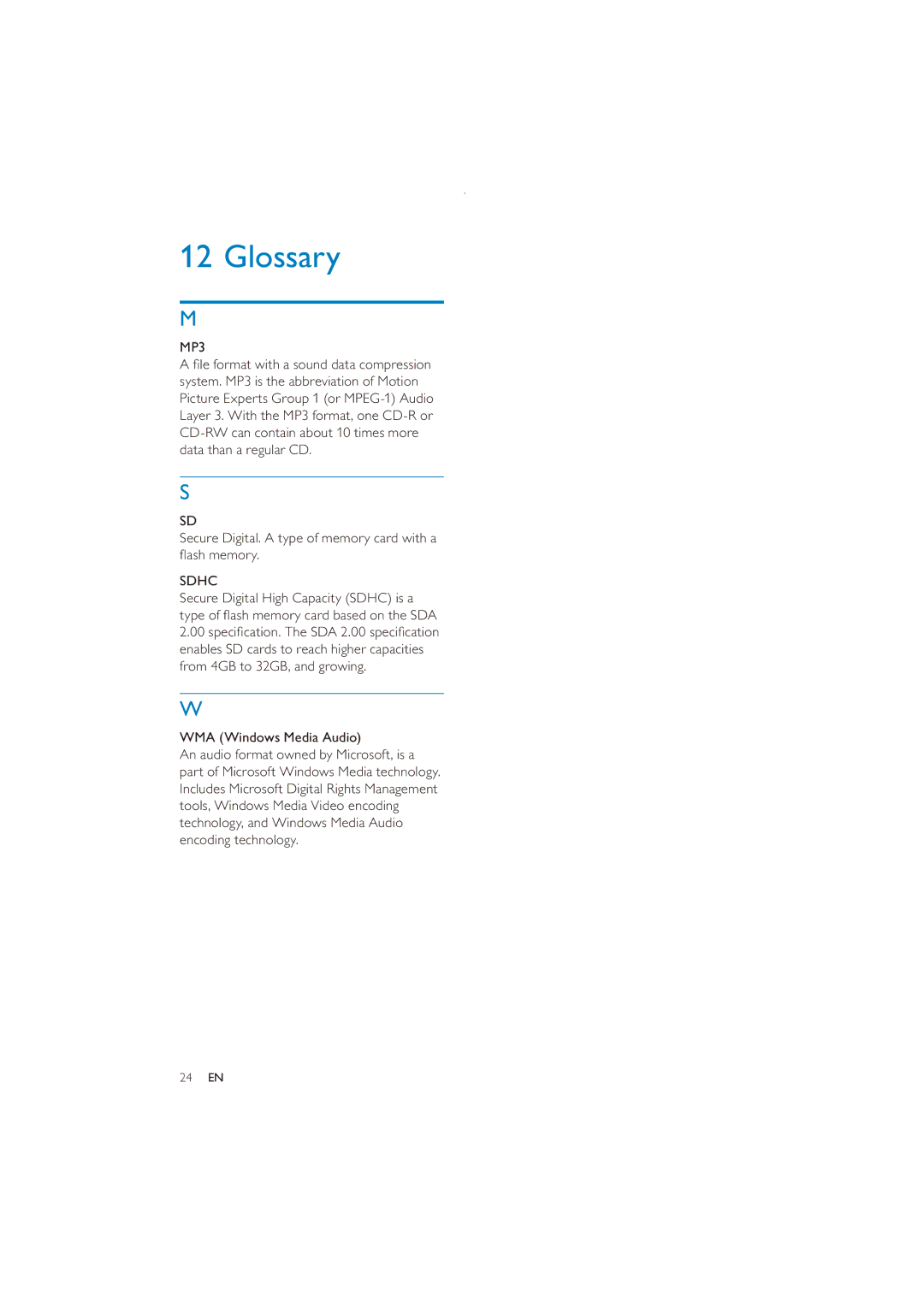 Philips CE151 user manual Glossary, MP3, Sdhc, Encoding technology 