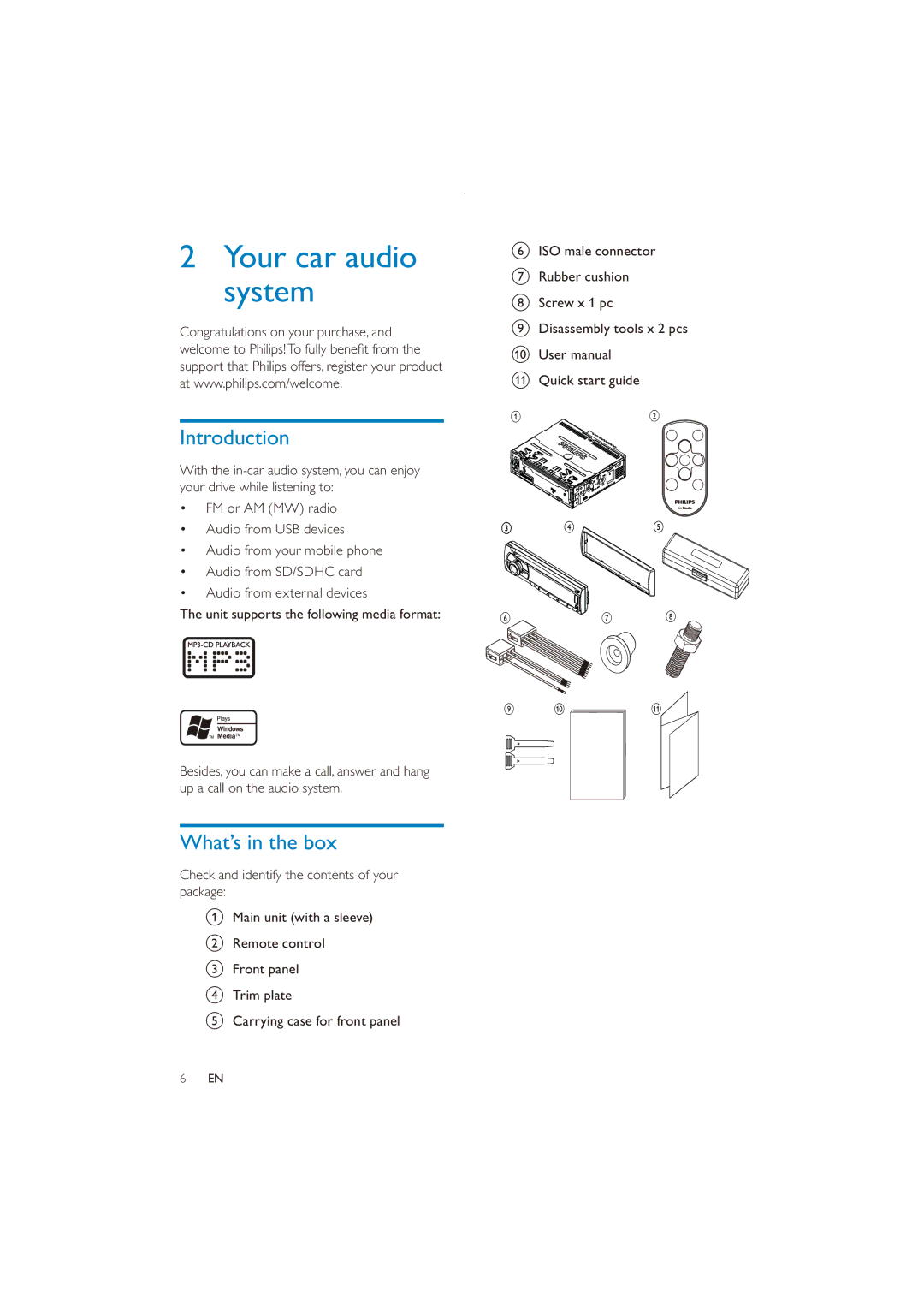 Philips CE151 user manual Your car audio system, Introduction, What’s in the box 