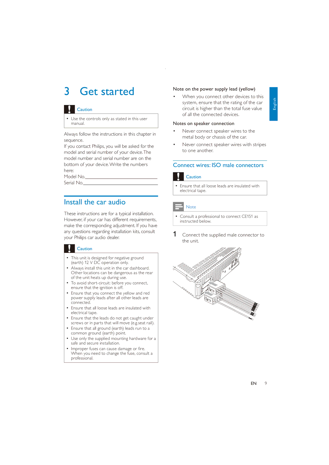 Philips CE151 user manual Get started, Install the car audio, Connect wires ISO male connectors 