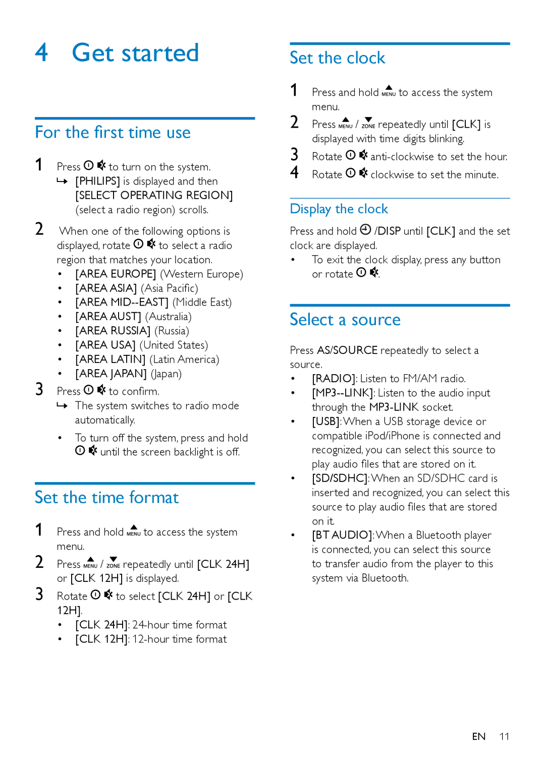 Philips CE152 user manual Get started, For the first time use, Set the time format, Set the clock, Select a source 