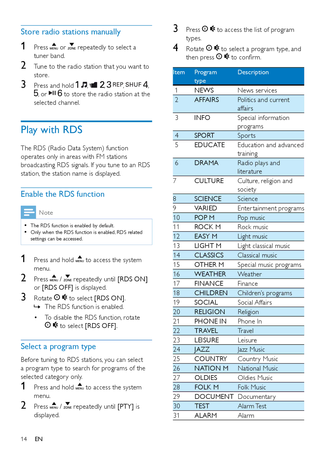 Philips CE152 user manual Play with RDS, Store radio stations manually, Enable the RDS function, Select a program type 