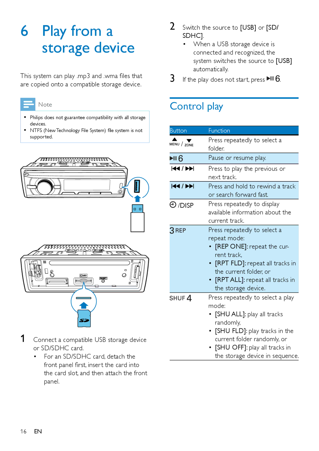 Philips CE152 user manual Play from a storage device, Control play, Automatically If the play does not start, press 