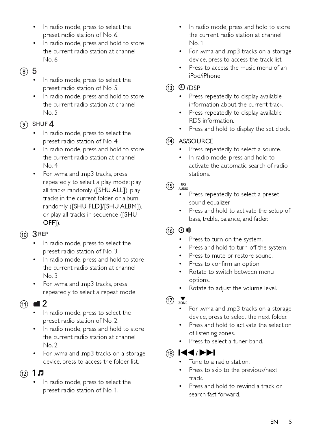 Philips CE152 user manual Press to access the music menu of an iPod/iPhone DSP, As/Source 