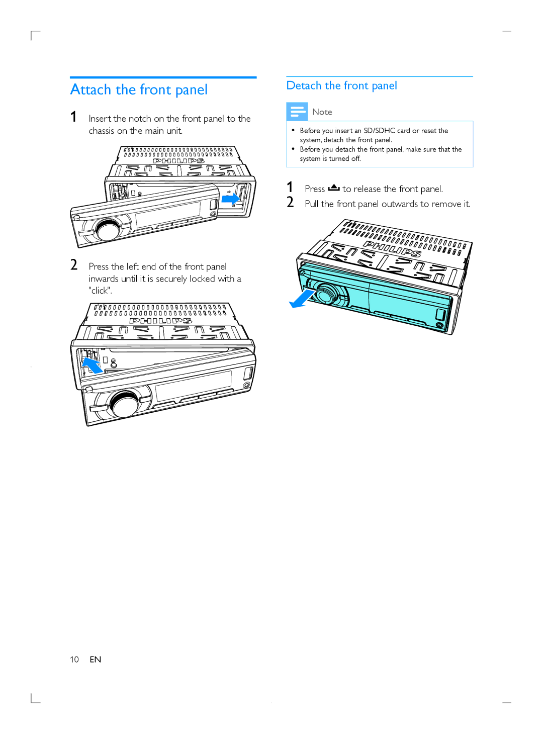 Philips CE153DR user manual Attach the front panel, Detach the front panel 