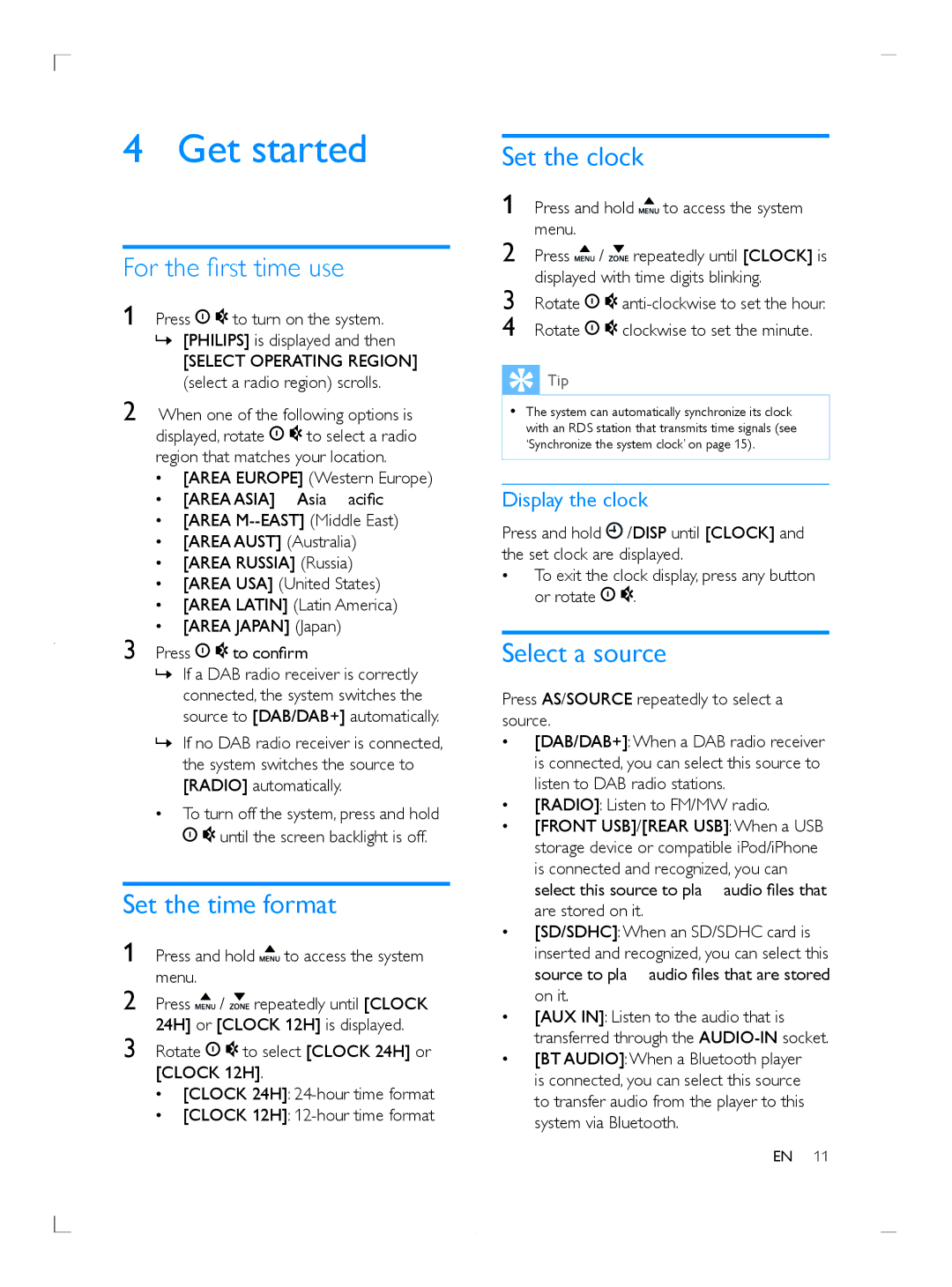 Philips CE153DR user manual Get started, For the first time use, Set the time format, Set the clock, Select a source 