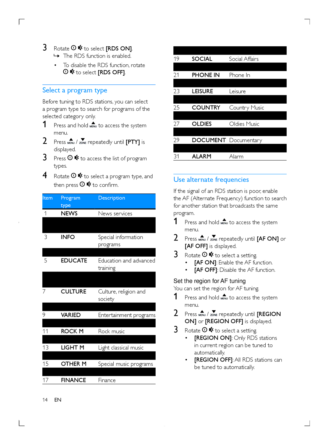 Philips CE153DR user manual Select a program type, Use alternate frequencies 