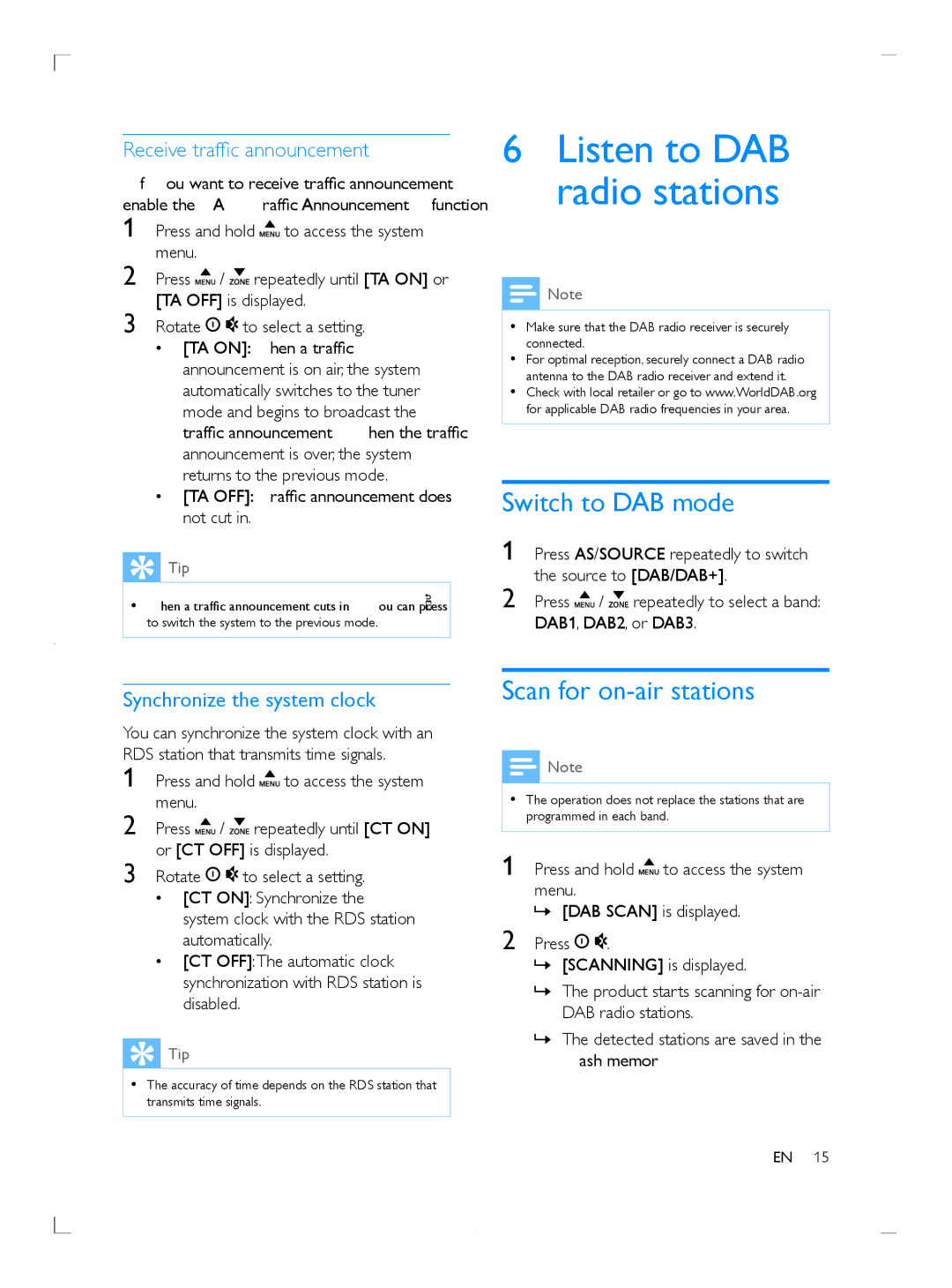 Philips CE153DR Listen to DAB radio stations, Switch to DAB mode, Scan for on-air stations, Receive traffic announcement 