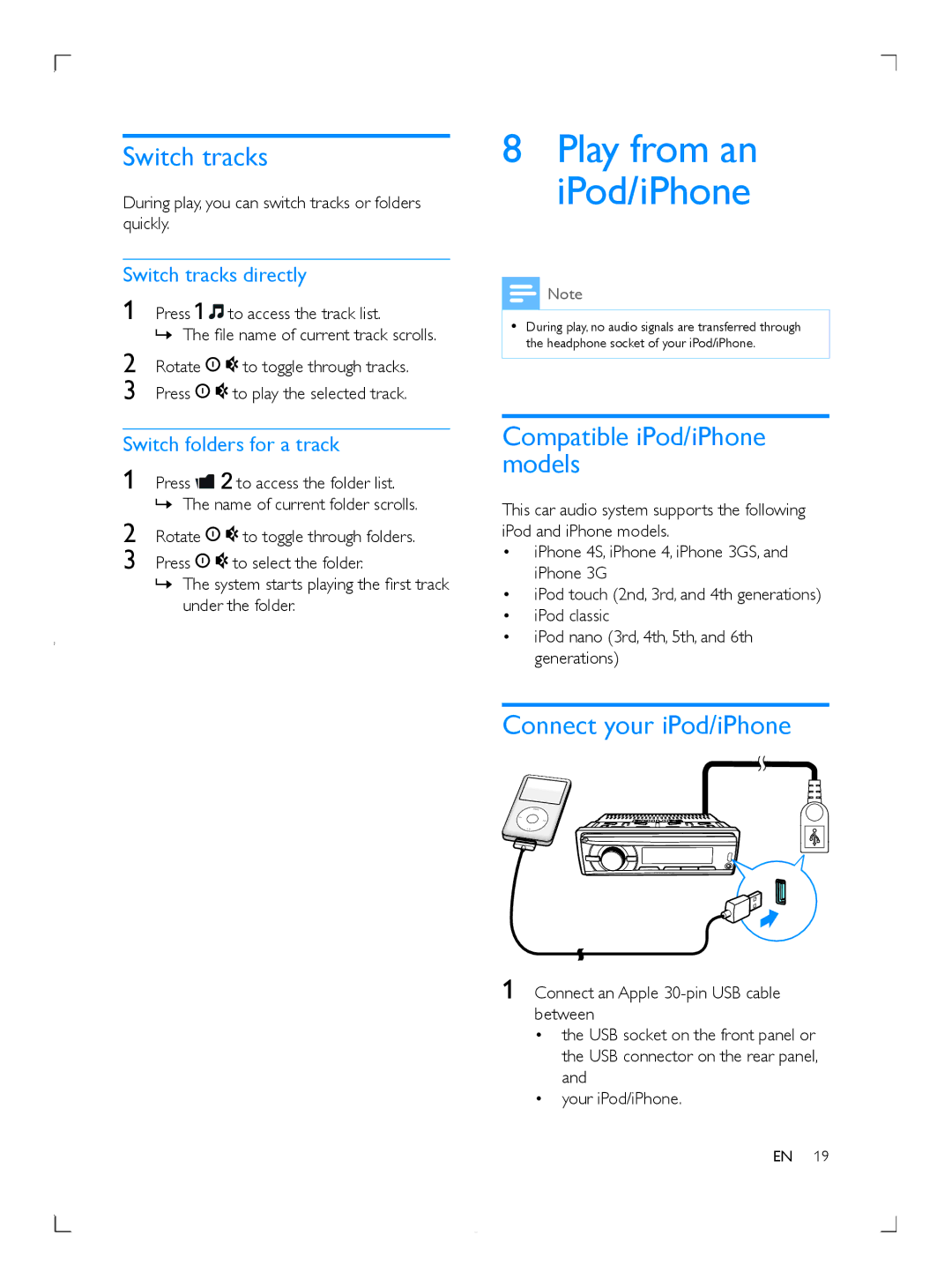 Philips CE153DR Play from an iPod/iPhone, Switch tracks, Compatible iPod/iPhone models, Connect your iPod/iPhone 