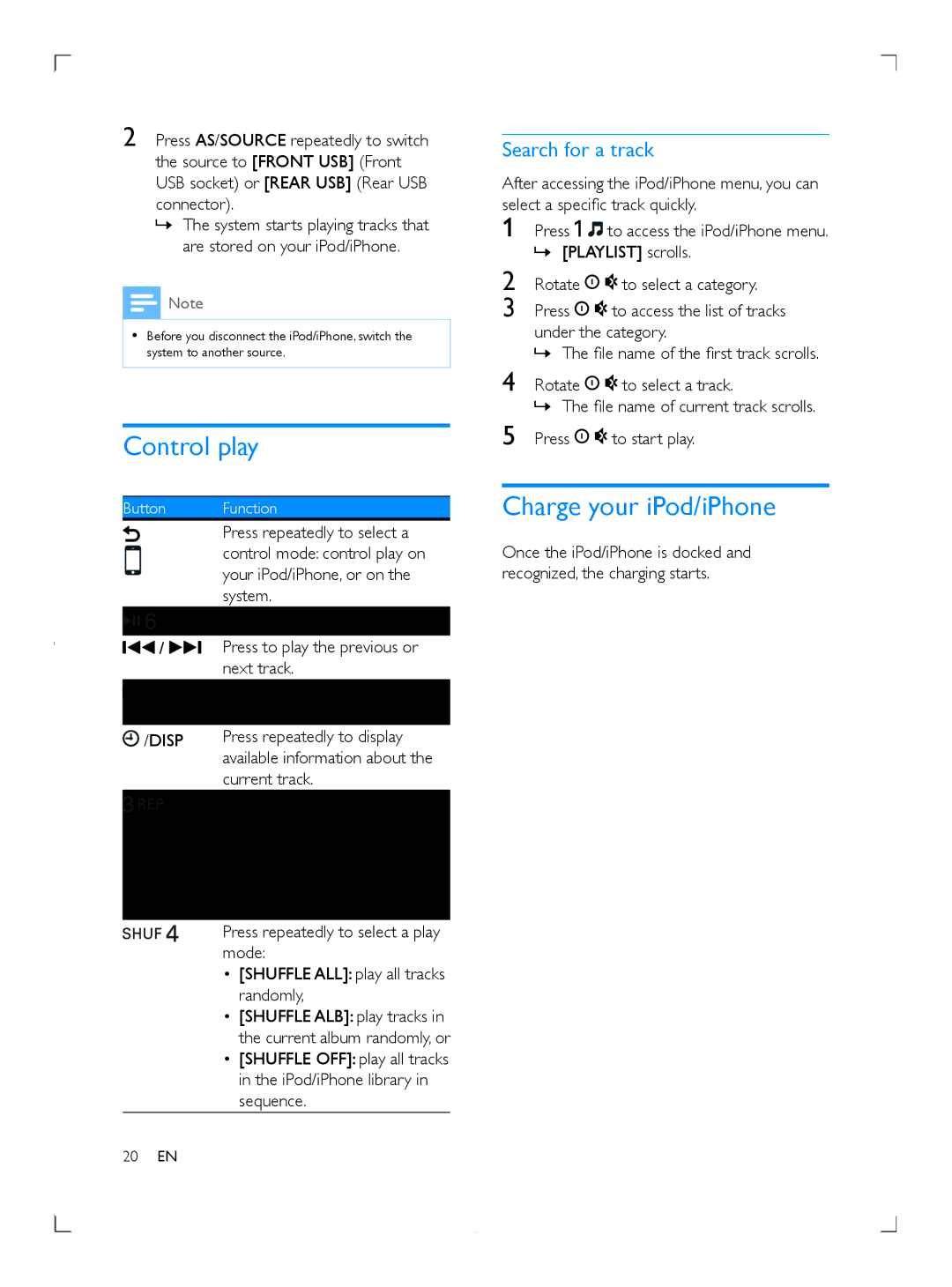 Philips CE153DR user manual Charge your iPod/iPhone, Search for a track 