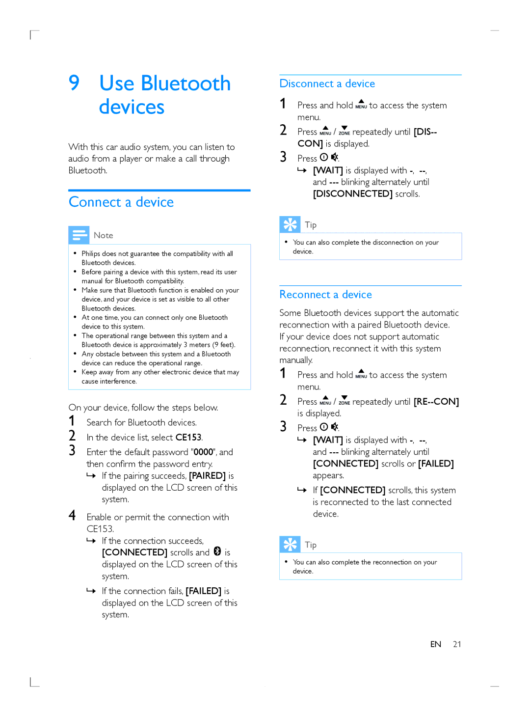 Philips CE153DR user manual Use Bluetooth devices, Connect a device, Disconnect a device, Reconnect a device 