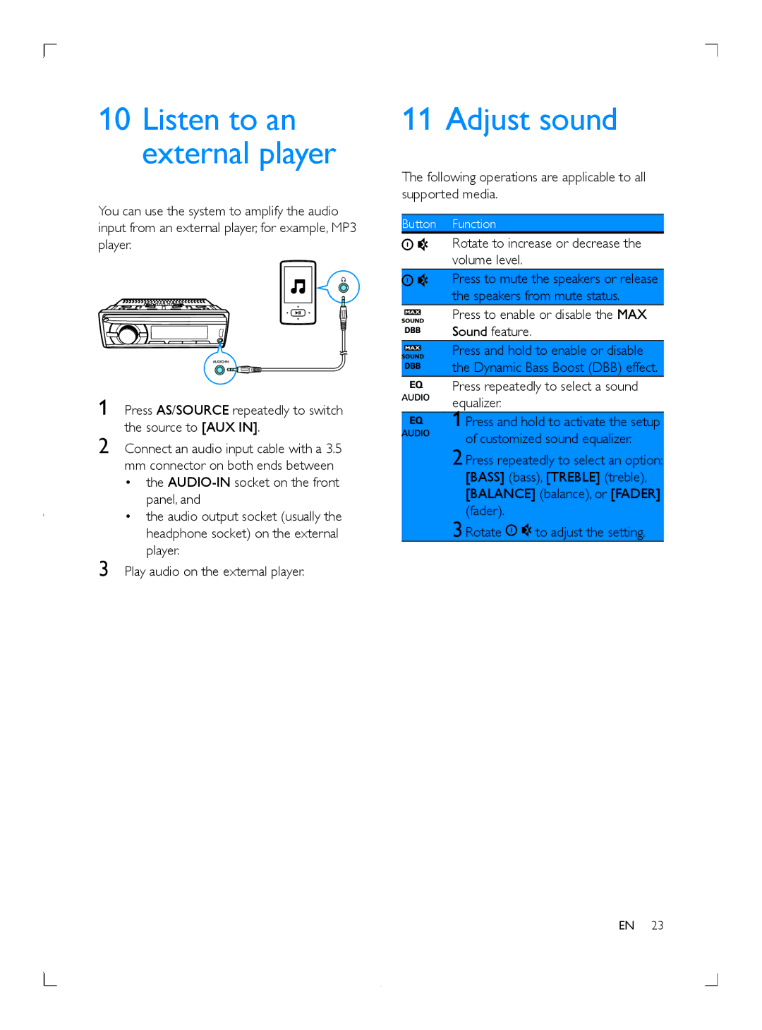 Philips CE153DR Adjust sound, Listen to an external player, Following operations are applicable to all supported media 