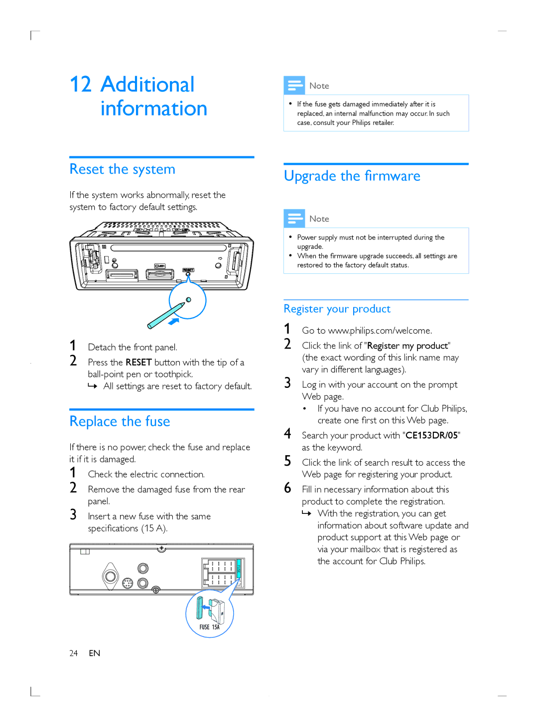 Philips CE153DR Additional information, Reset the system, Upgrade the firmware, Replace the fuse, Register your product 