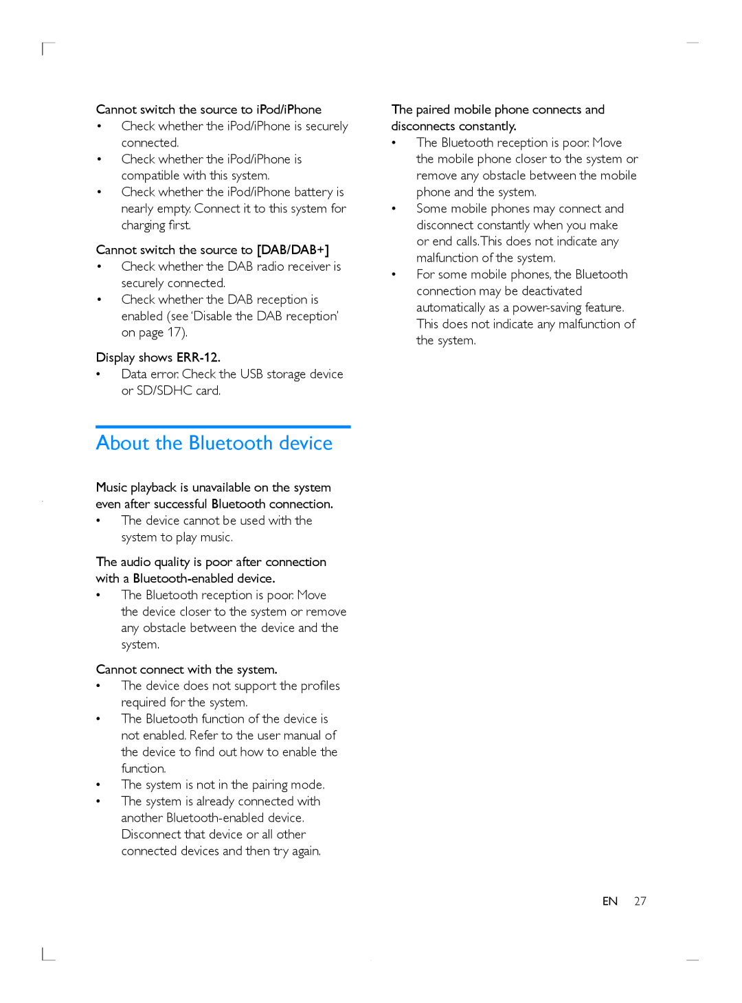 Philips CE153DR user manual About the Bluetooth device, Device cannot be used with the system to play music 