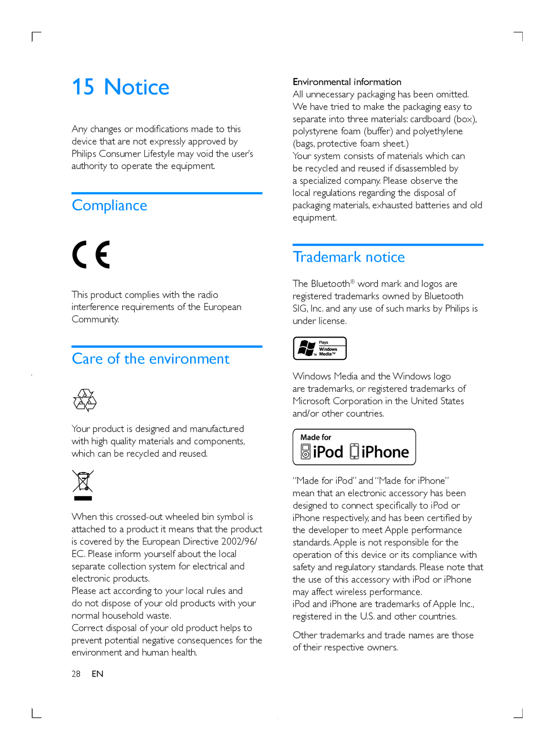 Philips CE153DR user manual Compliance, Trademark notice, Care of the environment 