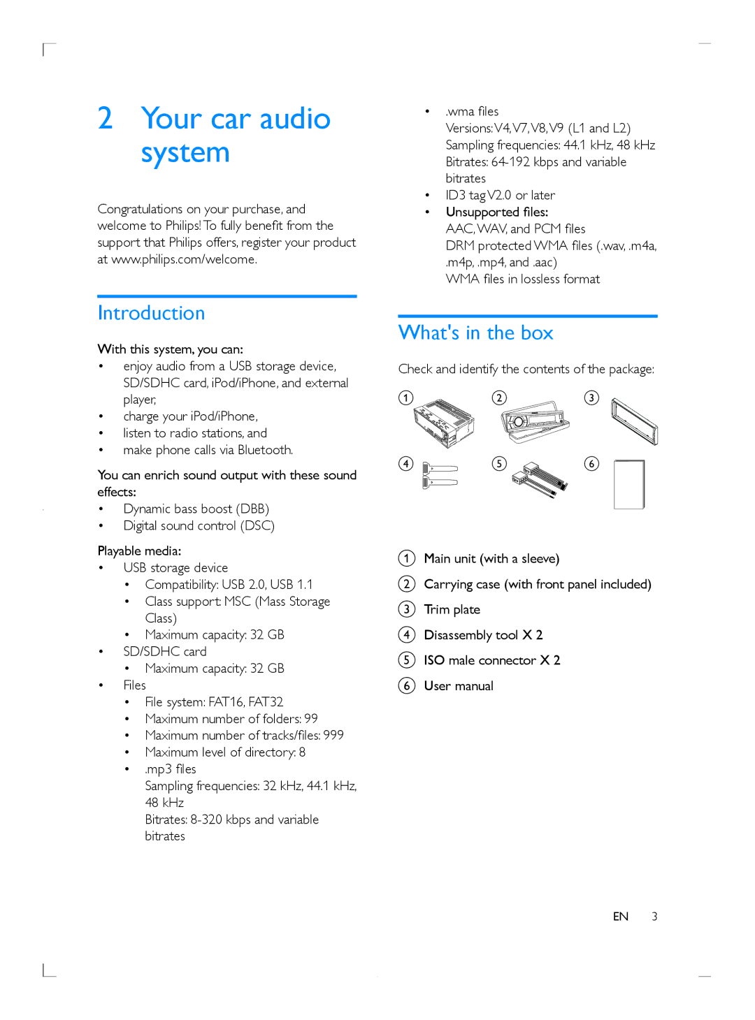 Philips CE153DR user manual Your car audio system, Introduction, Whats in the box 