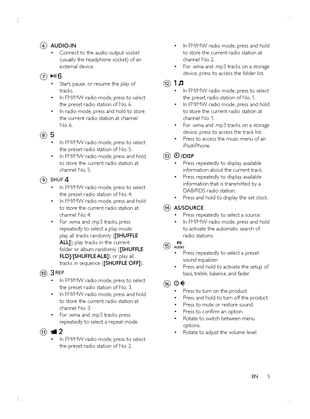 Philips CE153DR user manual Press to access the music menu of an iPod/iPhone, Press and hold to display the set clock 