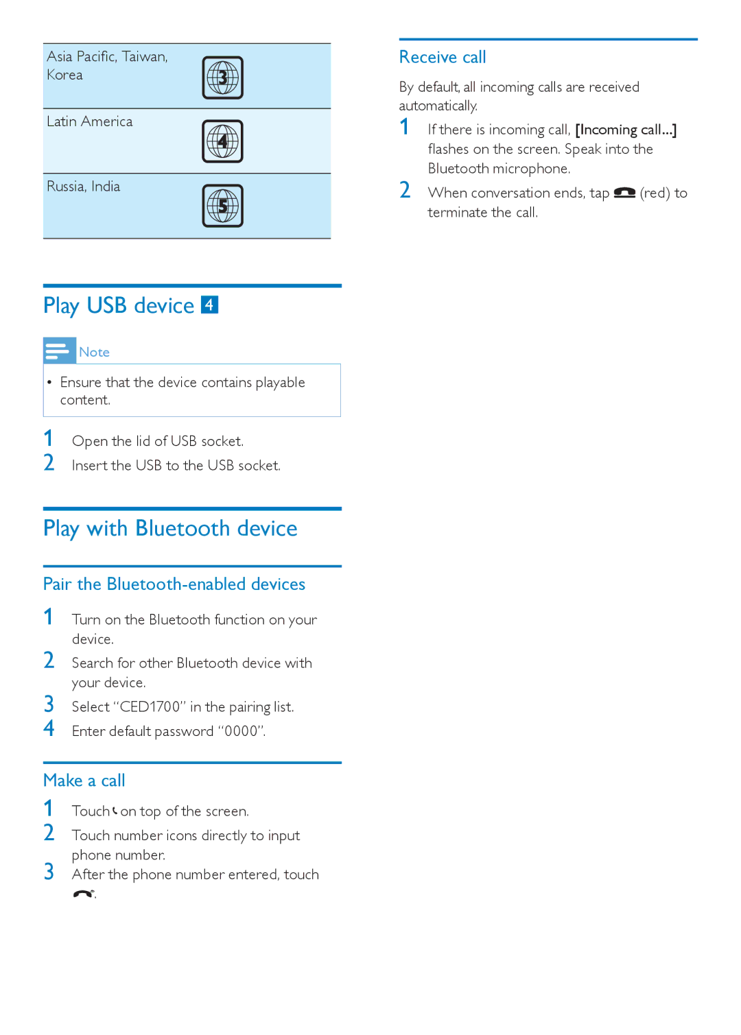 Philips CED1700/00 quick start Play USB device, Play with Bluetooth device 