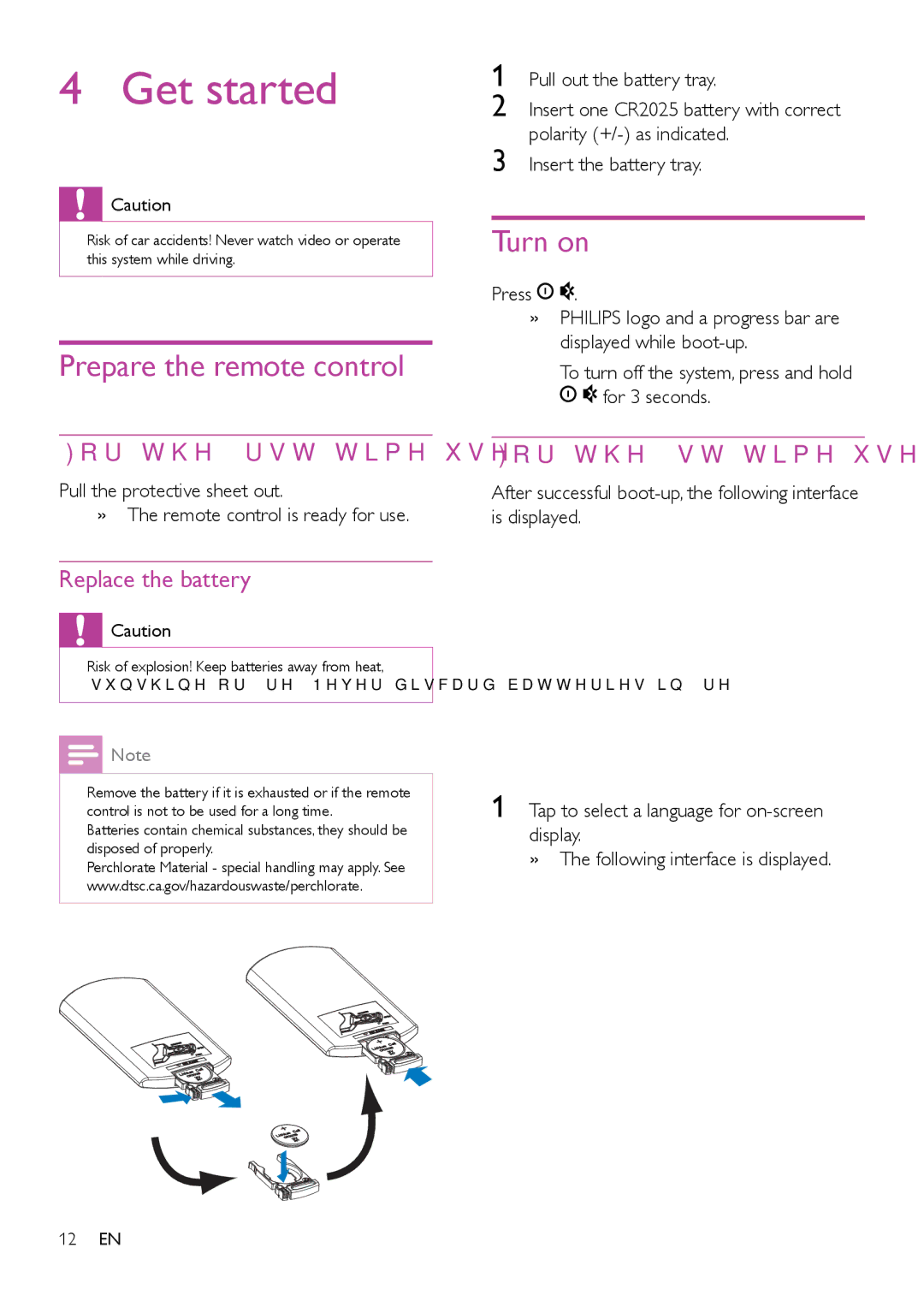 Philips CED1900BT user manual Get started, Prepare the remote control, Turn on 