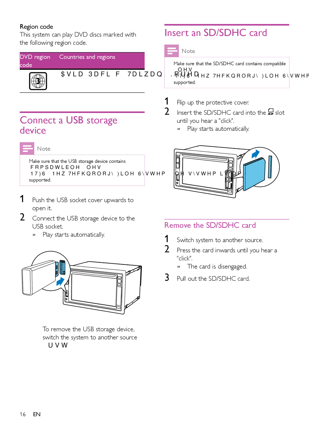 Philips CED1900BT user manual Connect a USB storage device, Insert an SD/SDHC card, Remove the SD/SDHC card 