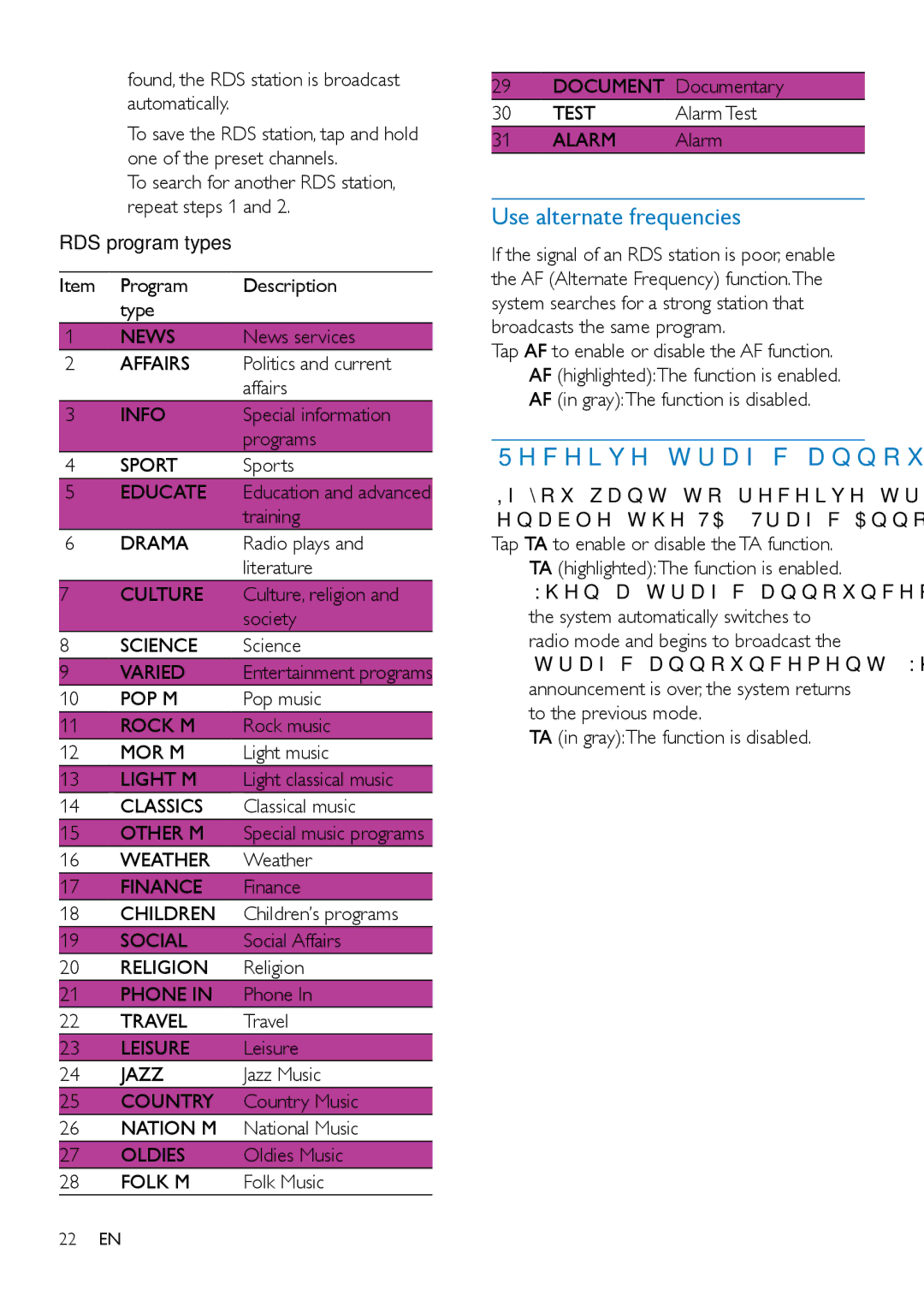 Philips CED1900BT user manual Use alternate frequencies, Receive traffic announcement 