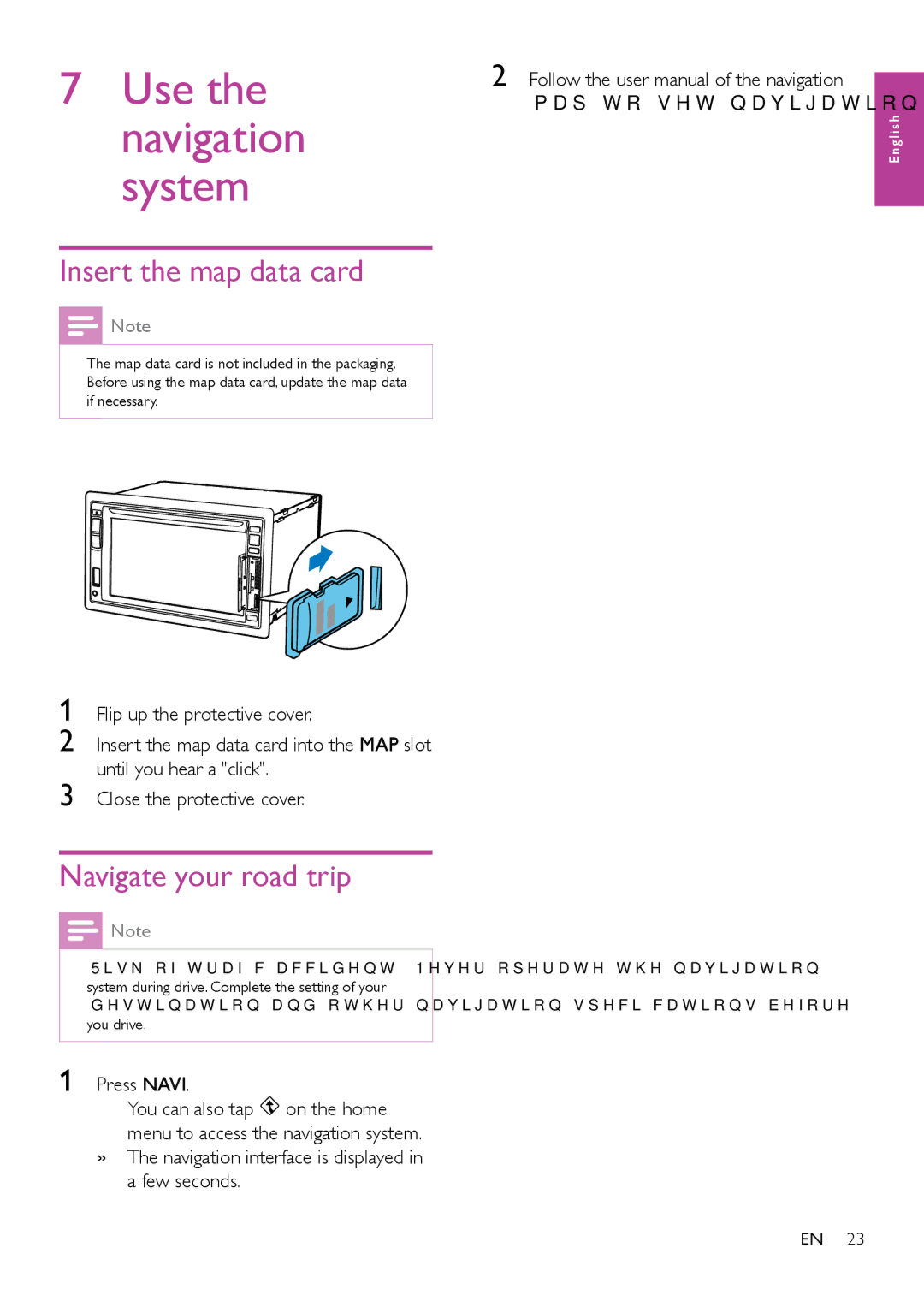 Philips CED1900BT Insert the map data card, Navigate your road trip, Map to set navigation specifications, Press Navi 