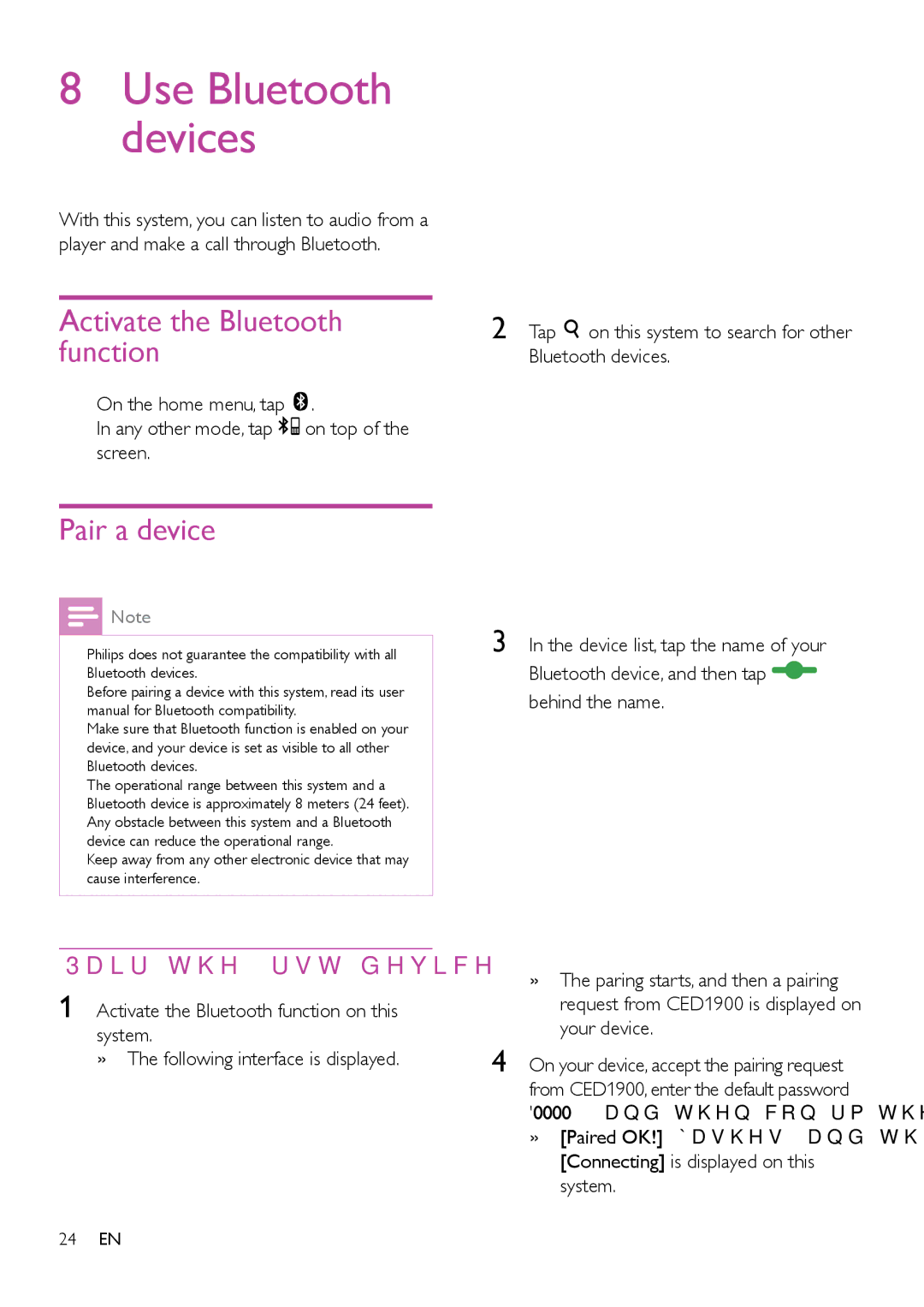 Philips CED1900BT user manual Activate the Bluetooth function, Pair a device, Pair the first device 