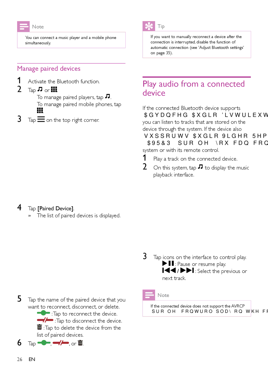 Philips CED1900BT user manual Play audio from a connected device, Manage paired devices, Tap List of paired devices 