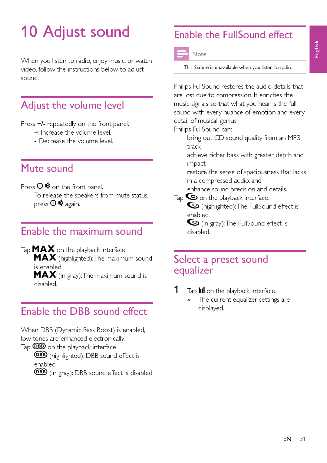 Philips CED1900BT user manual Adjust sound 