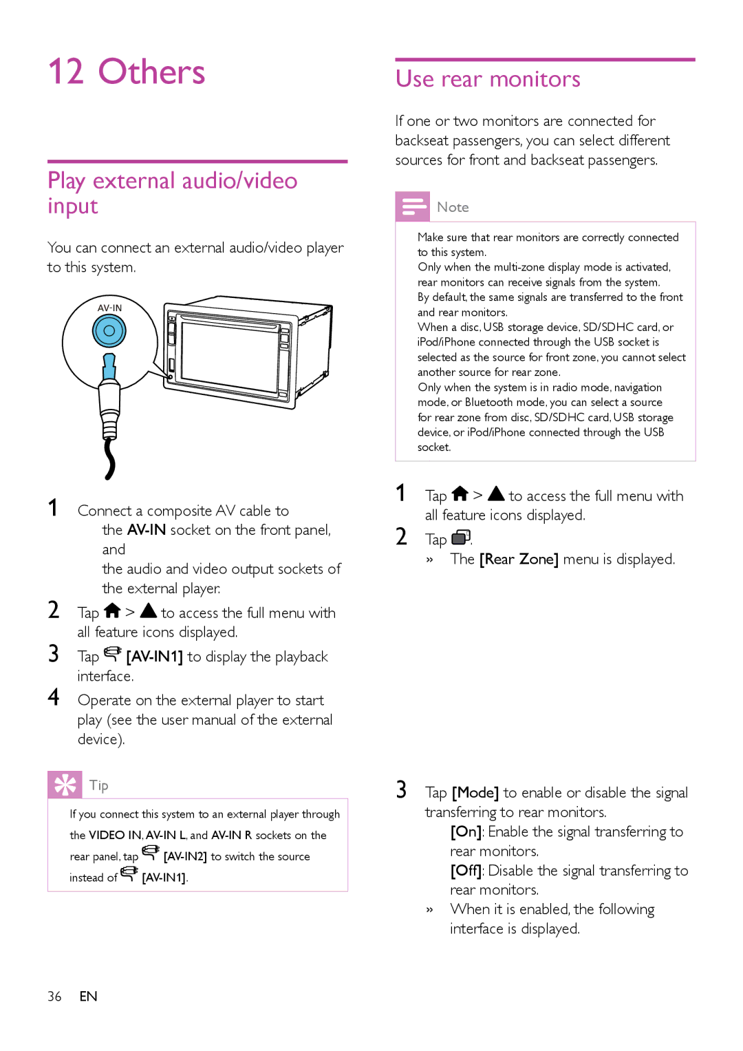 Philips CED1900BT user manual Others, Play external audio/video input, Use rear monitors 