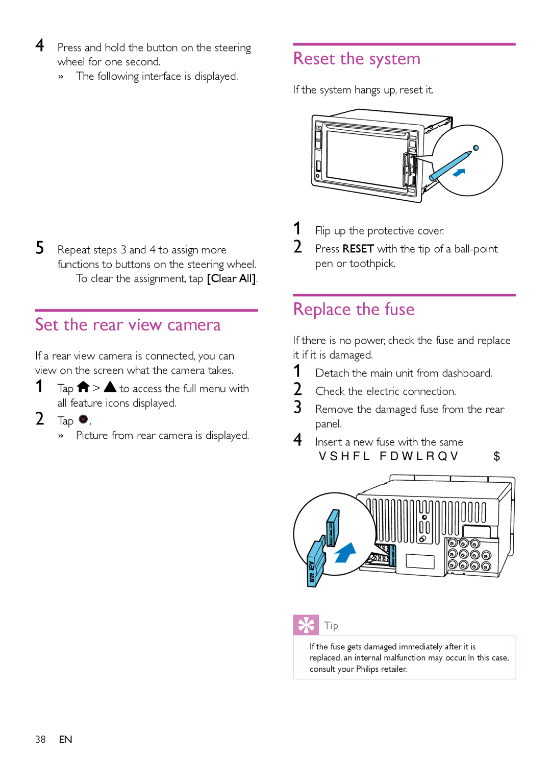 Philips CED1900BT Set the rear view camera, Reset the system, Replace the fuse, To clear the assignment, tap Clear All 