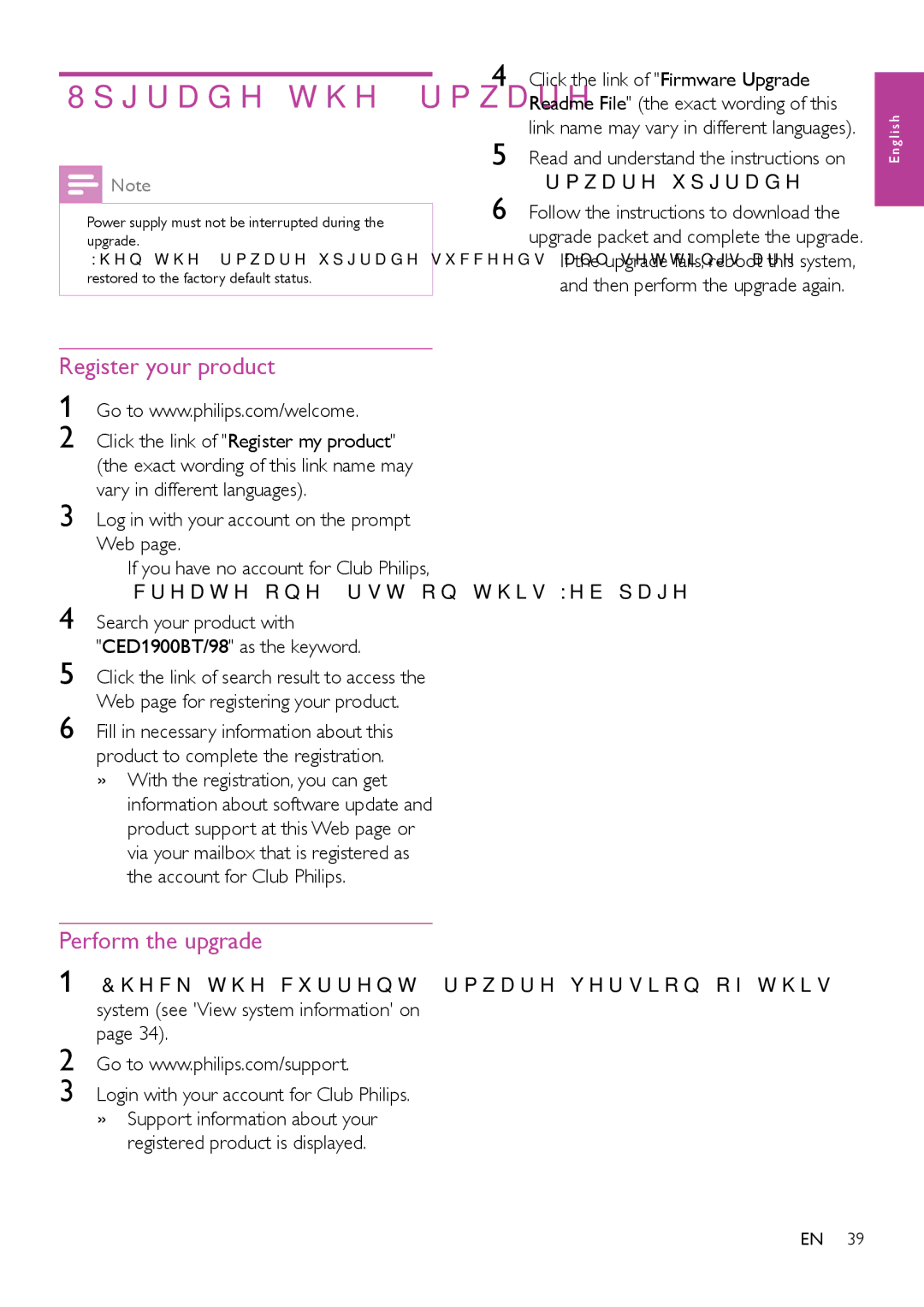 Philips CED1900BT user manual Upgrade the firmware, Register your product, Perform the upgrade 