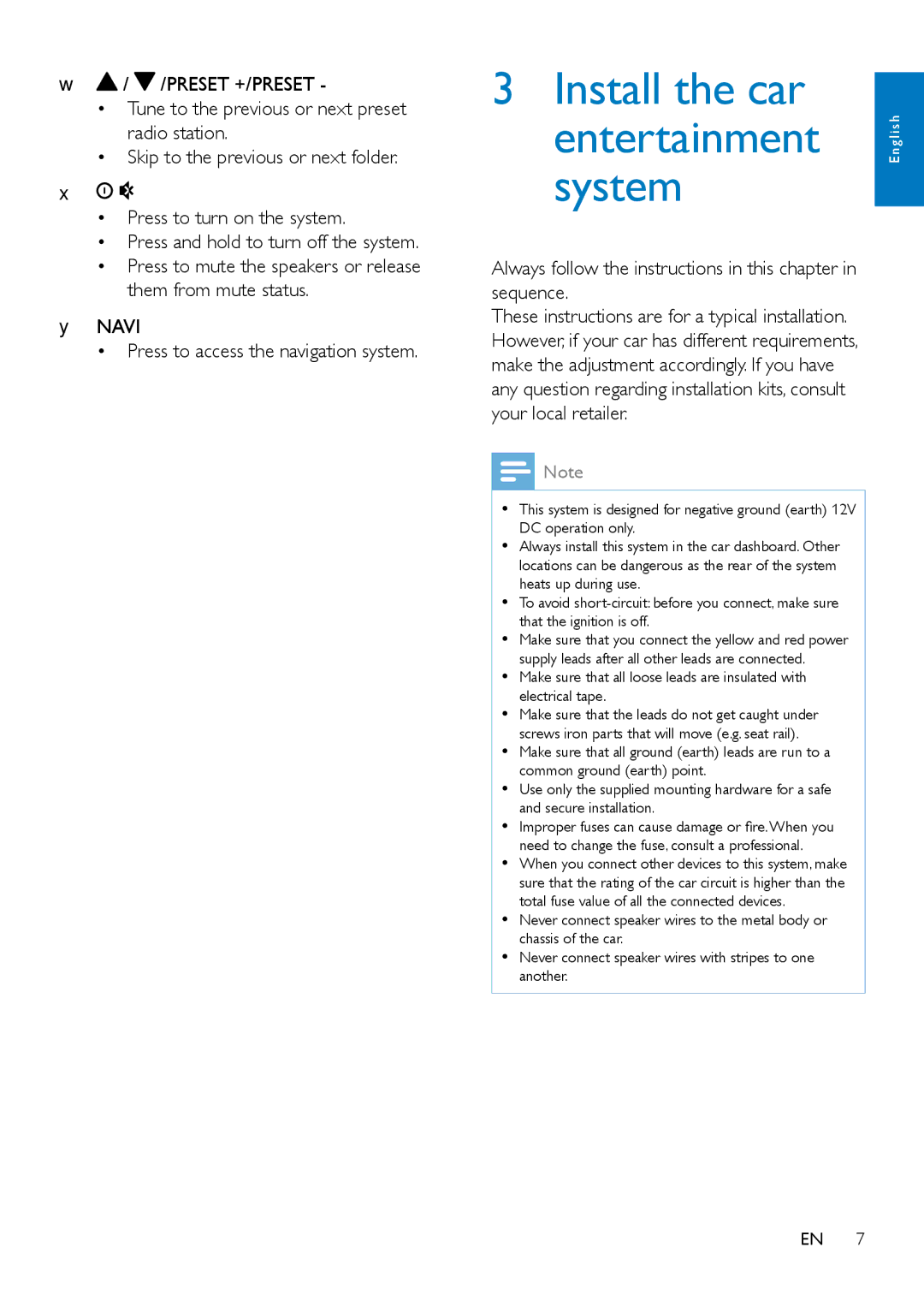 Philips CED1900BT user manual Install the car Entertainment, System, Preset +/PRESET, Navi 