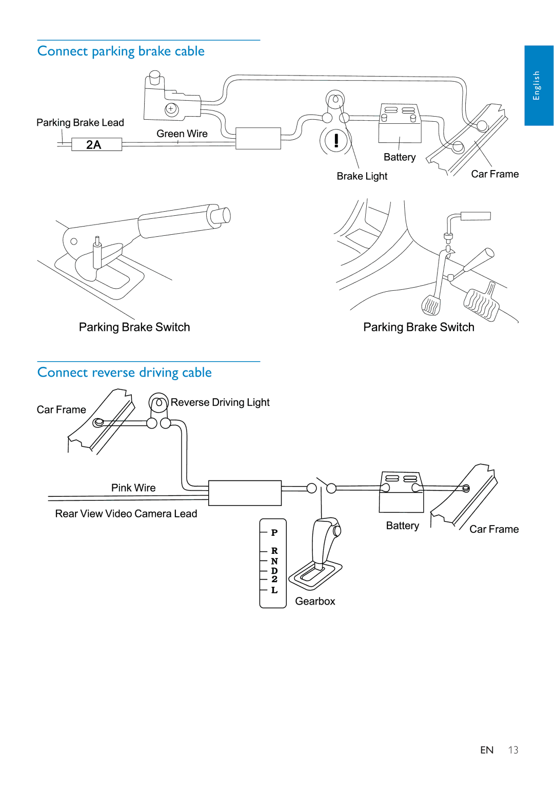 Philips CED228 user manual Connect parking brake cable, Connect reverse driving cable 