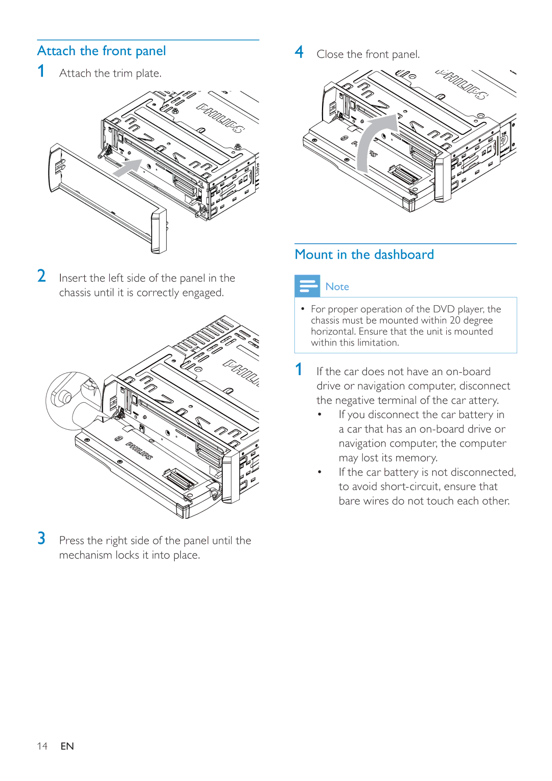 Philips CED228 user manual Attach the front panel, Mount in the dashboard, Close the front panel, Attach the trim plate 