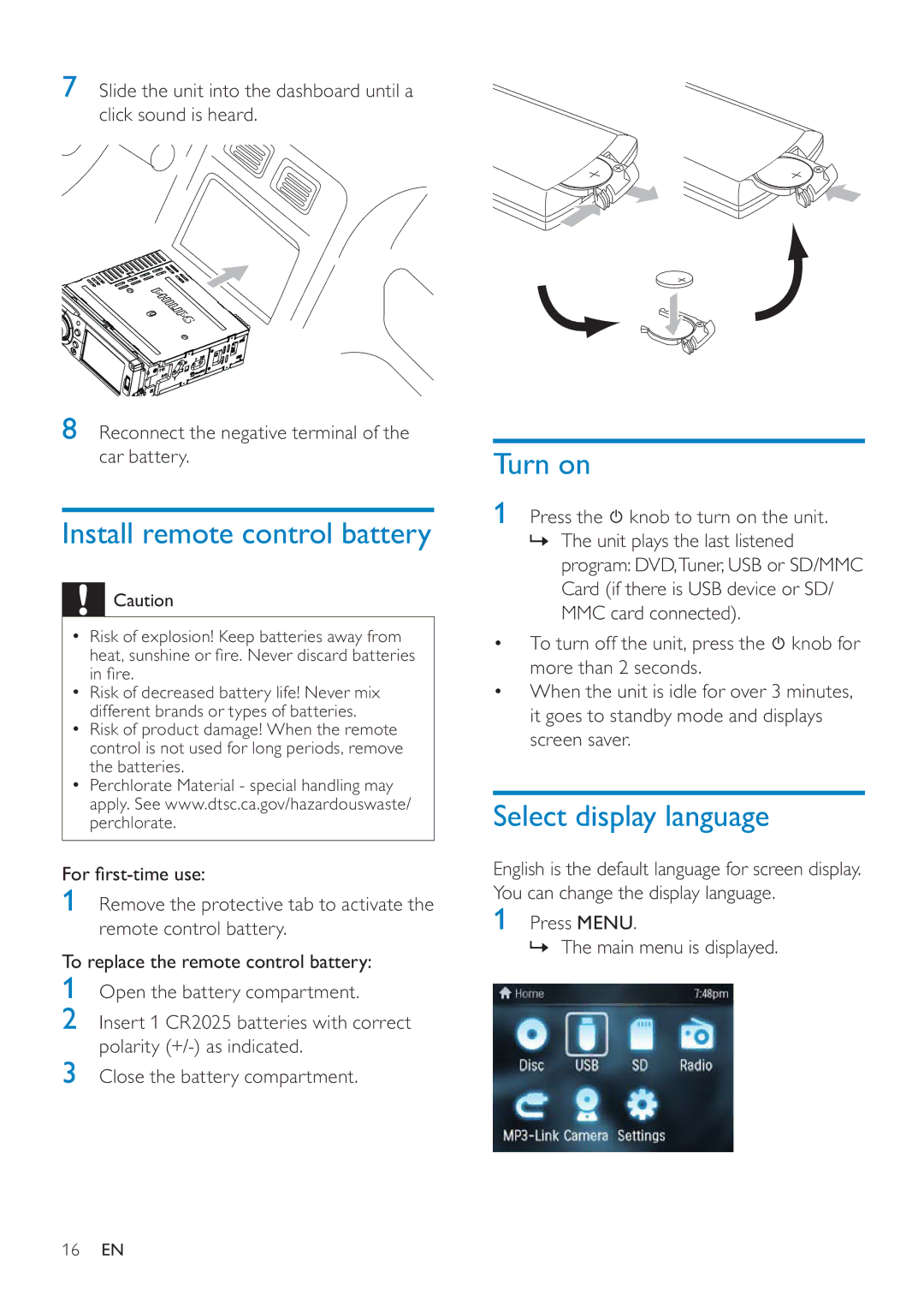 Philips CED228 Install remote control battery, Turn on, Select display language, Press the knob to turn on the unit 