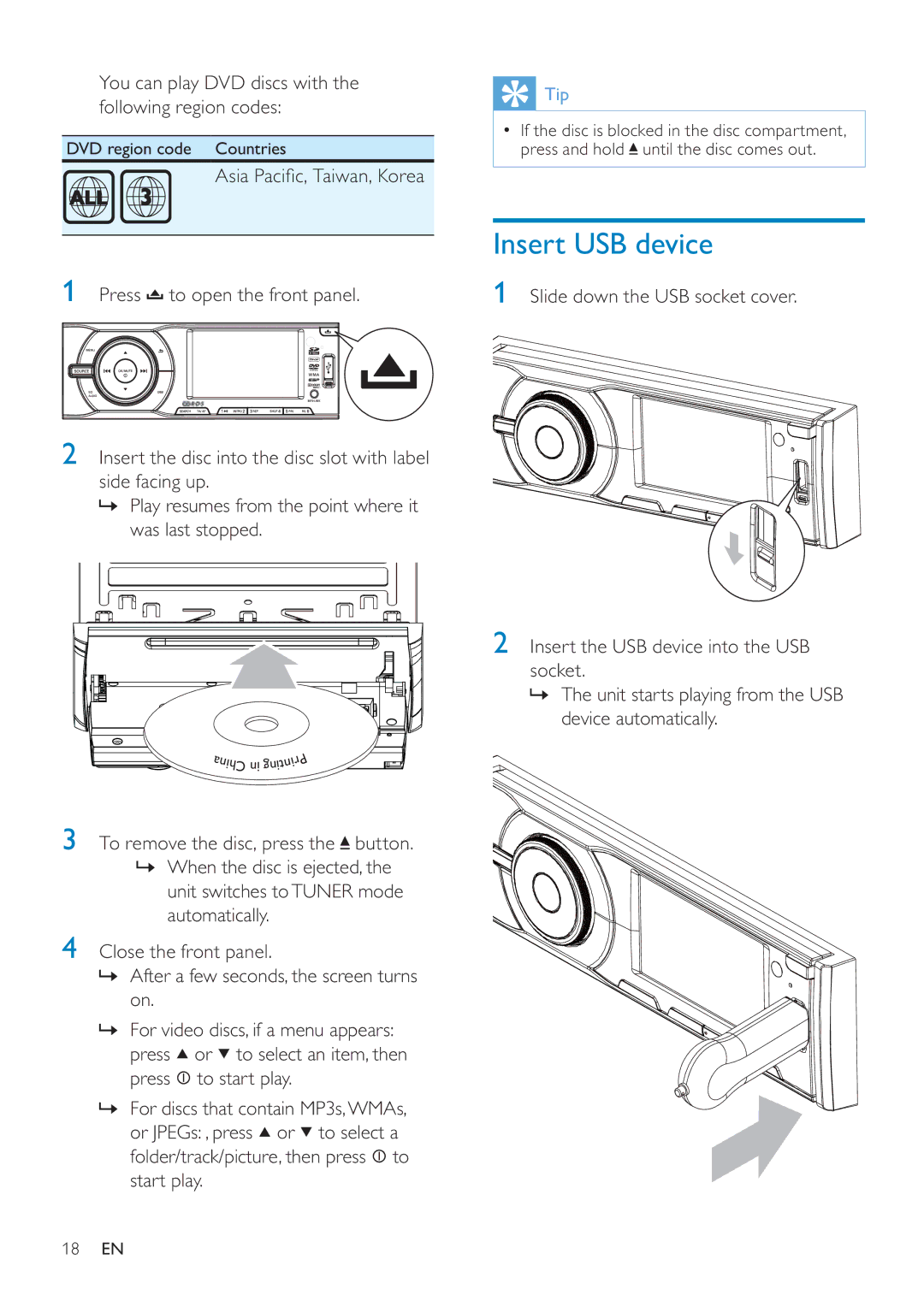 Philips CED228 Insert USB device, You can play DVD discs with the following region codes, Asia Paciﬁ c, Taiwan, Korea 