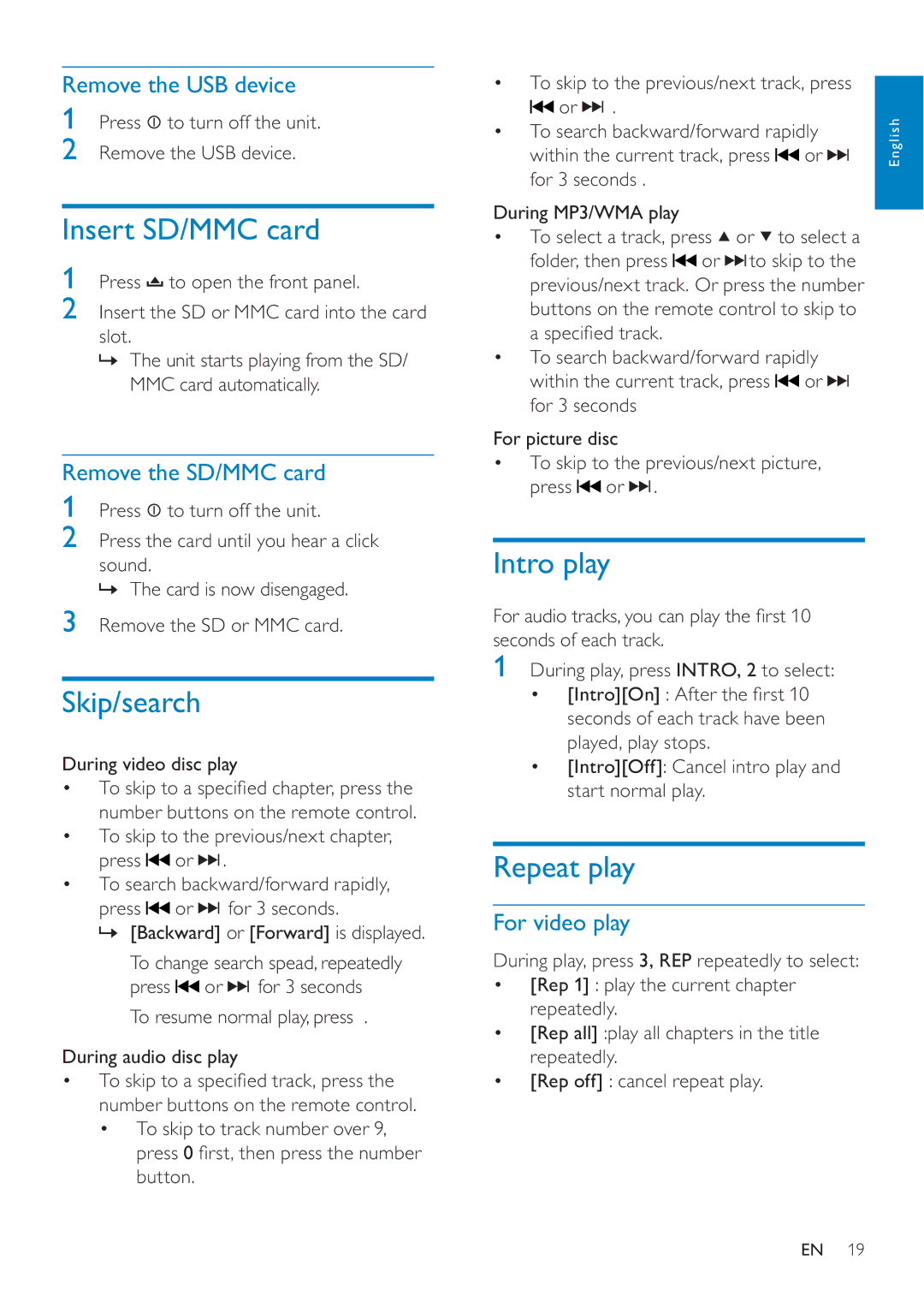 Philips CED228 user manual Insert SD/MMC card, Skip/search, Intro play, Repeat play 