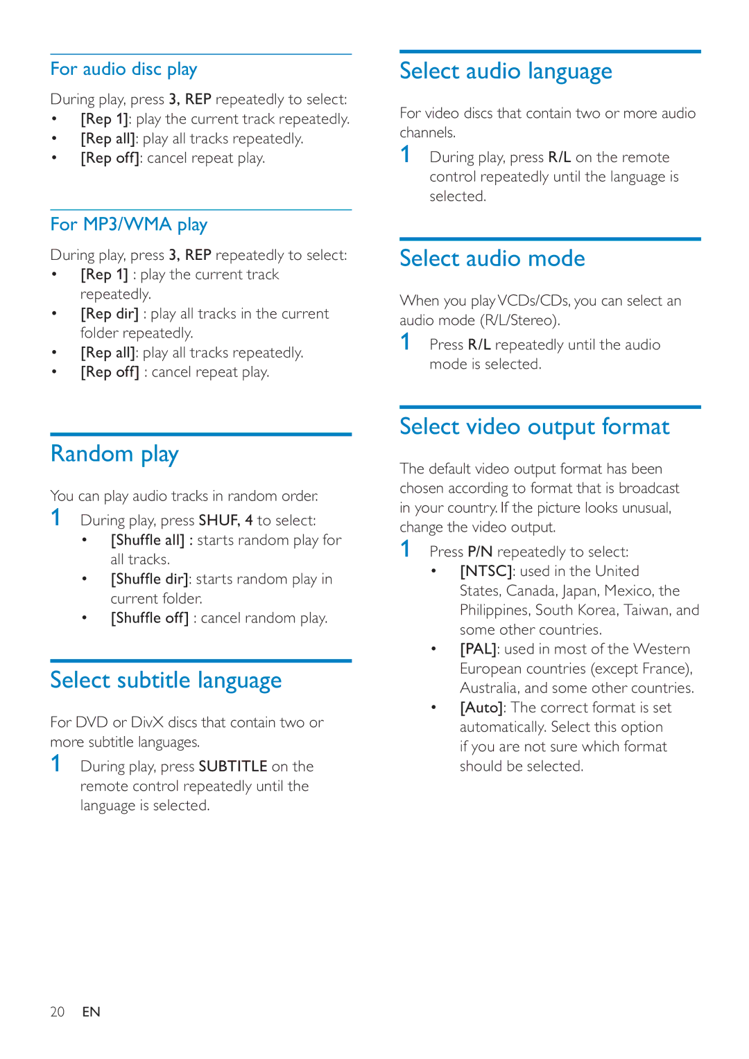 Philips CED228 Select audio language, Select audio mode, Random play, Select subtitle language, Select video output format 