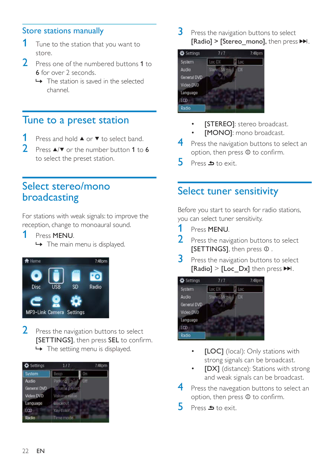 Philips CED228 user manual Tune to a preset station, Select tuner sensitivity, Store stations manually 