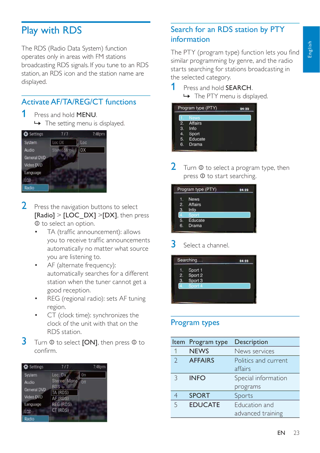 Philips CED228 Play with RDS, Activate AF/TA/REG/CT functions, Search for an RDS station by PTY Information, Program types 