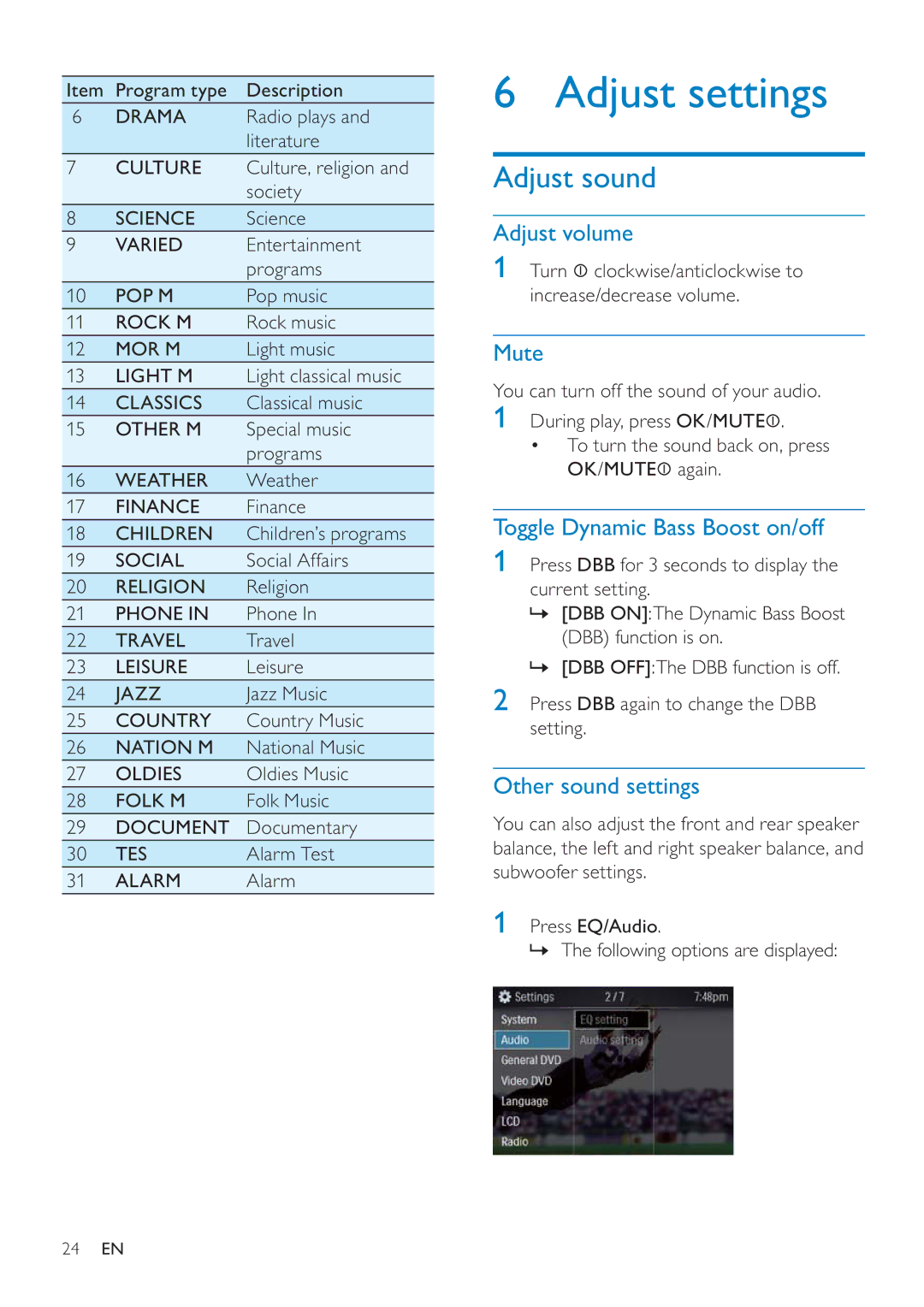 Philips CED228 user manual Adjust settings, Adjust sound 