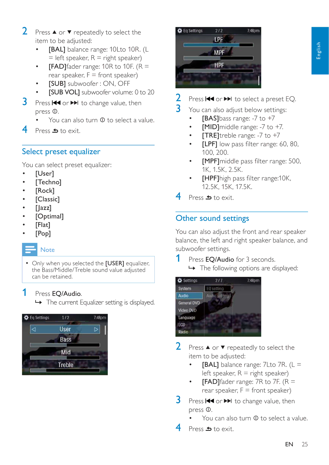 Philips CED228 user manual Select preset equalizer, Press or repeatedly to select the item to be adjusted 